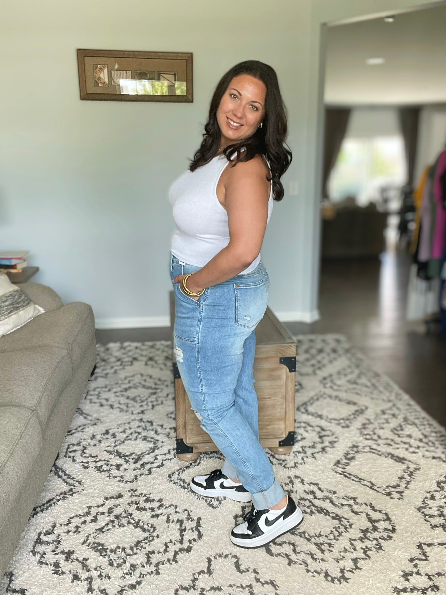 Aiden High Rise Patch Pocket Distressed Boyfriend Jeans (Tall/Long Friendly)