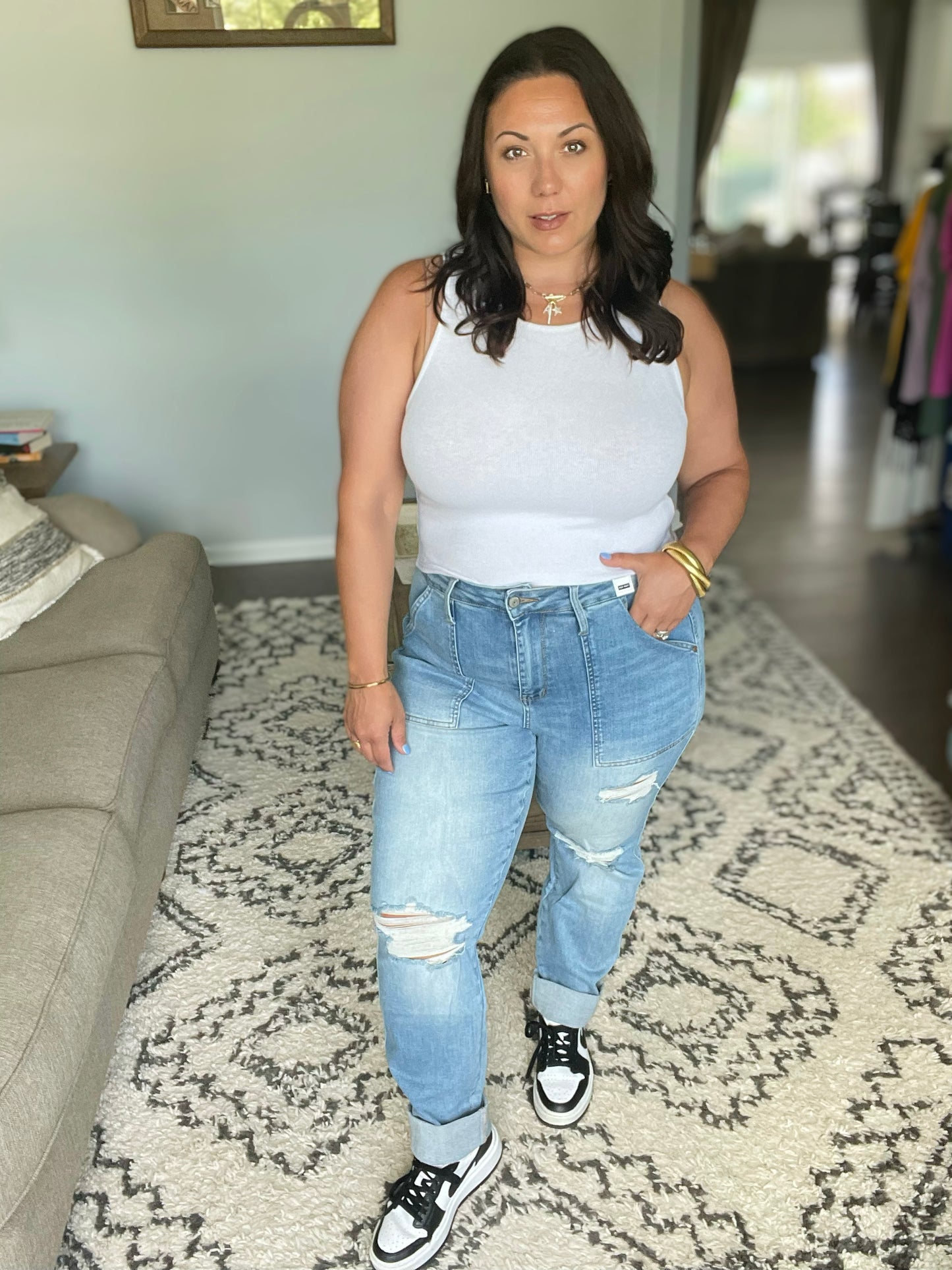 Aiden High Rise Patch Pocket Distressed Boyfriend Jeans (Tall/Long Friendly)