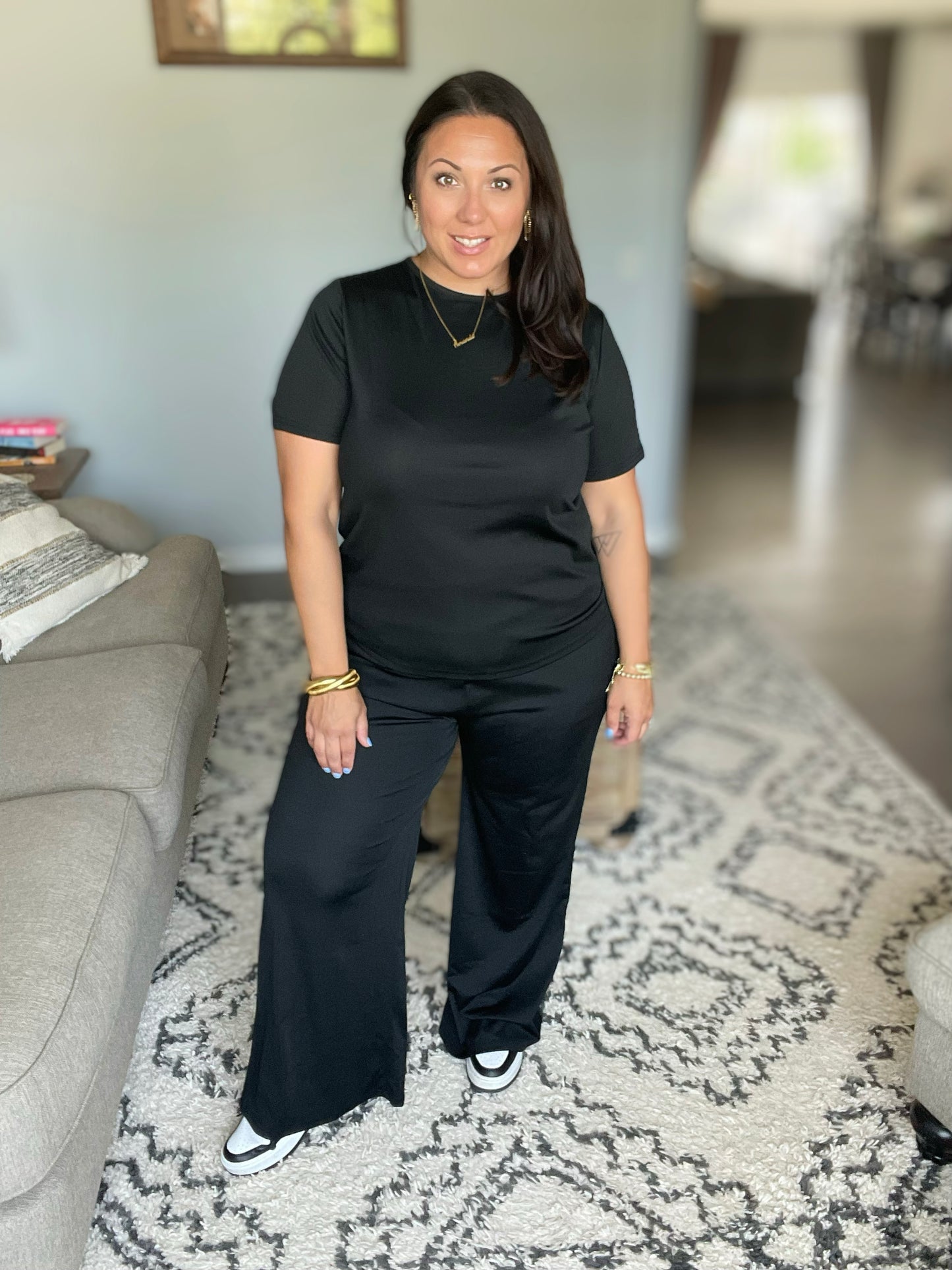 Slinky Short Sleeve Shirt and Wide Leg Pants Set in 4 Colors