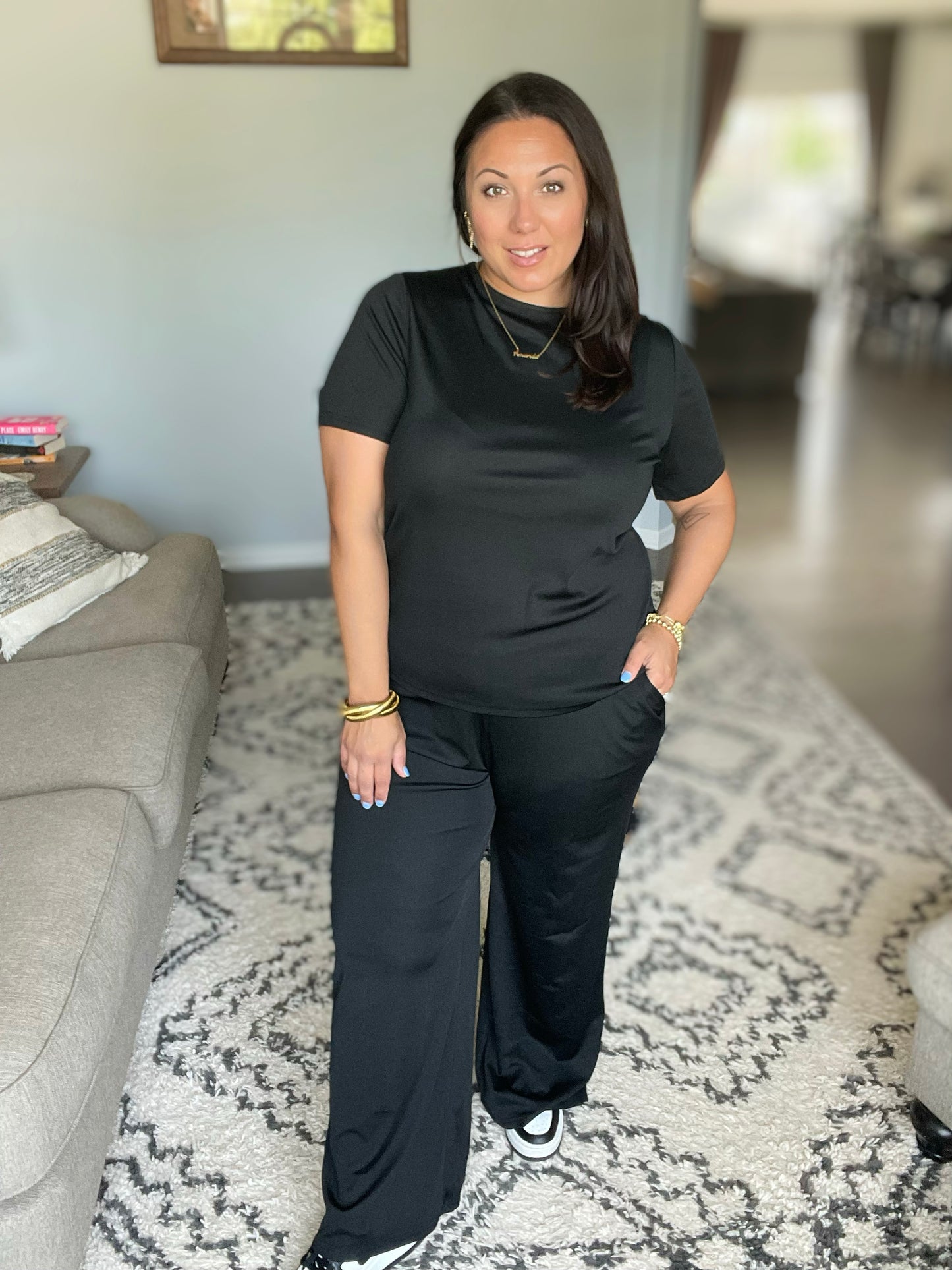 Slinky Short Sleeve Shirt and Wide Leg Pants Set in 4 Colors