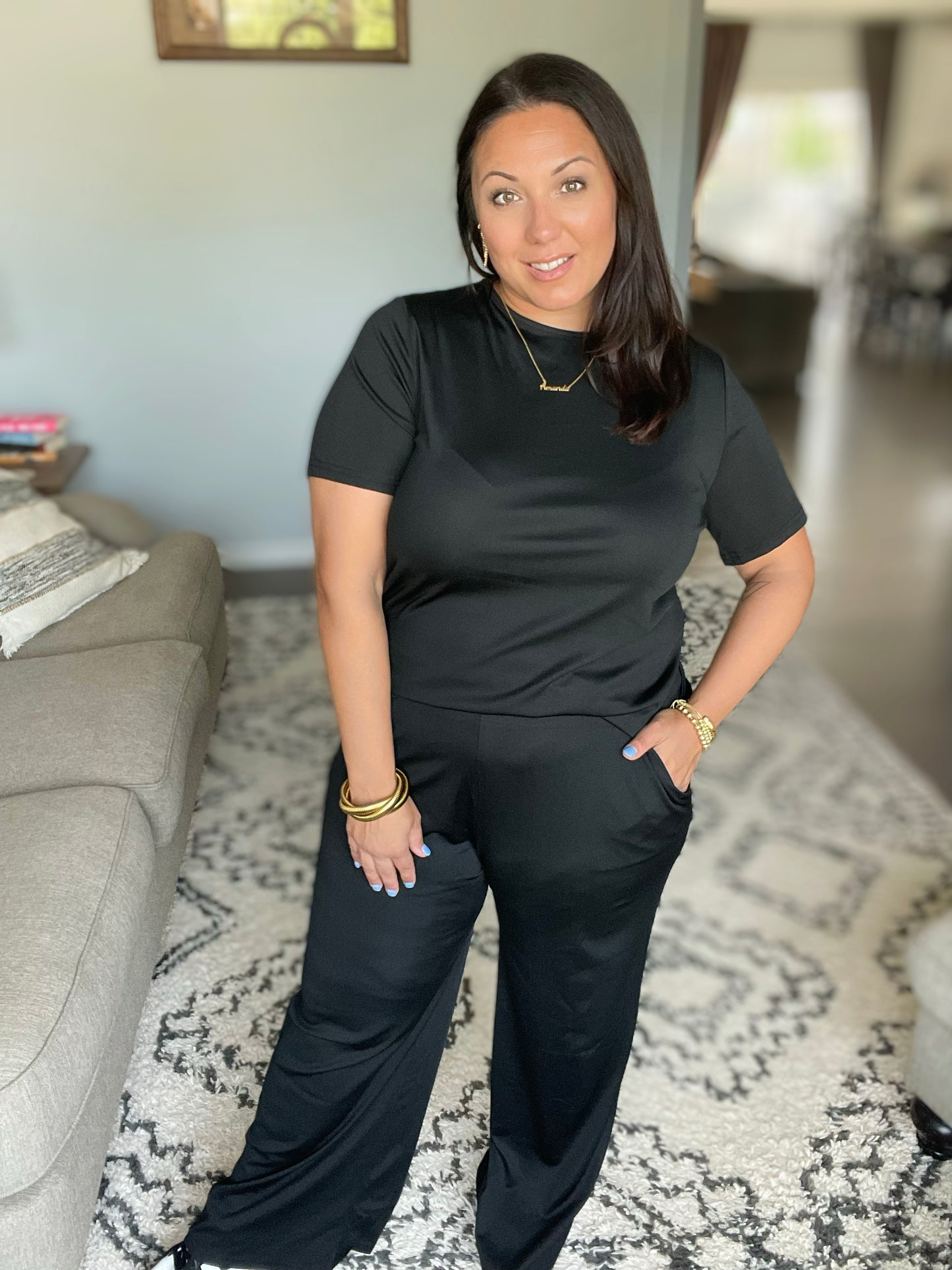 Slinky Short Sleeve Shirt and Wide Leg Pants Set in 4 Colors