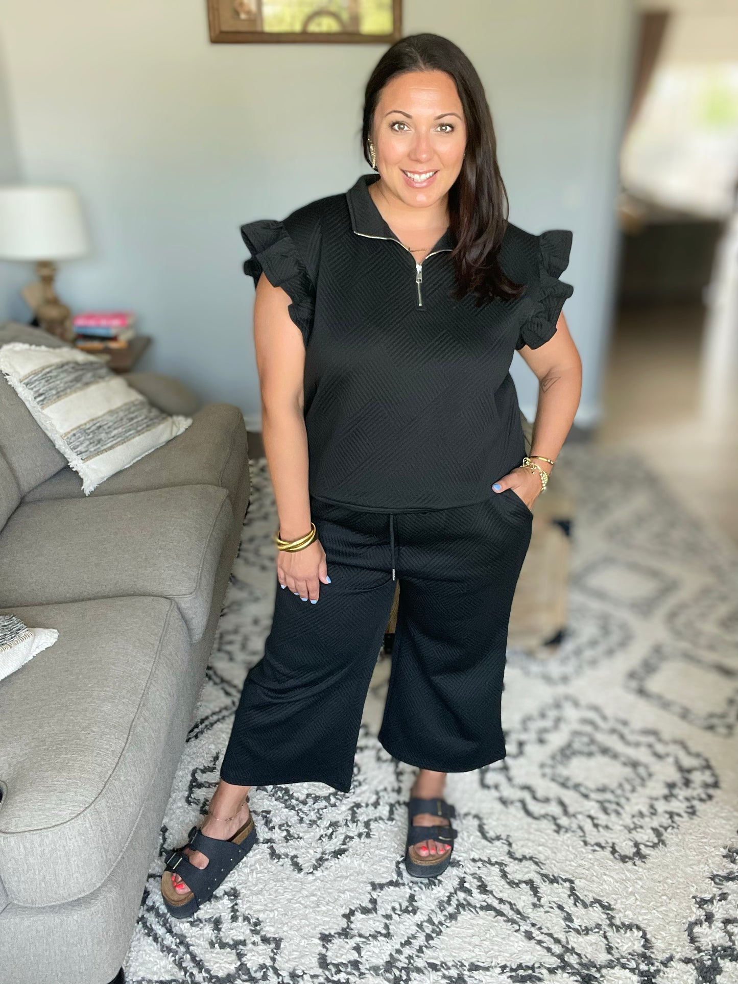 Textured Ruffle Short Sleeve Top and Cropped  Wide Leg Pants Set in 12 Colors