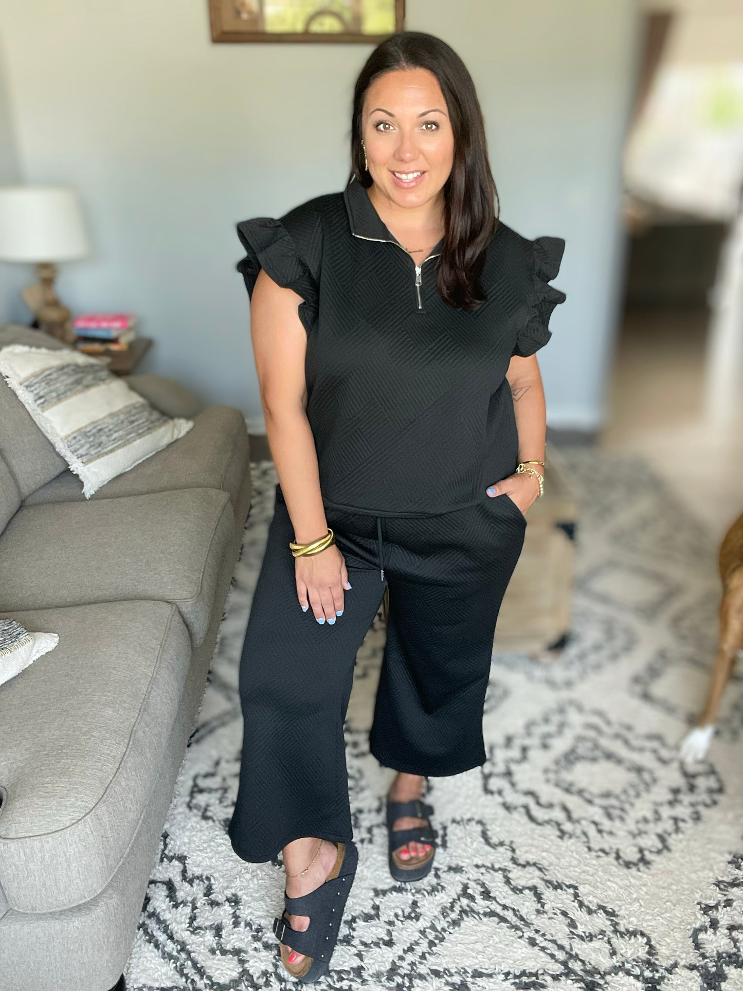 Textured Ruffle Short Sleeve Top and Cropped  Wide Leg Pants Set in 12 Colors