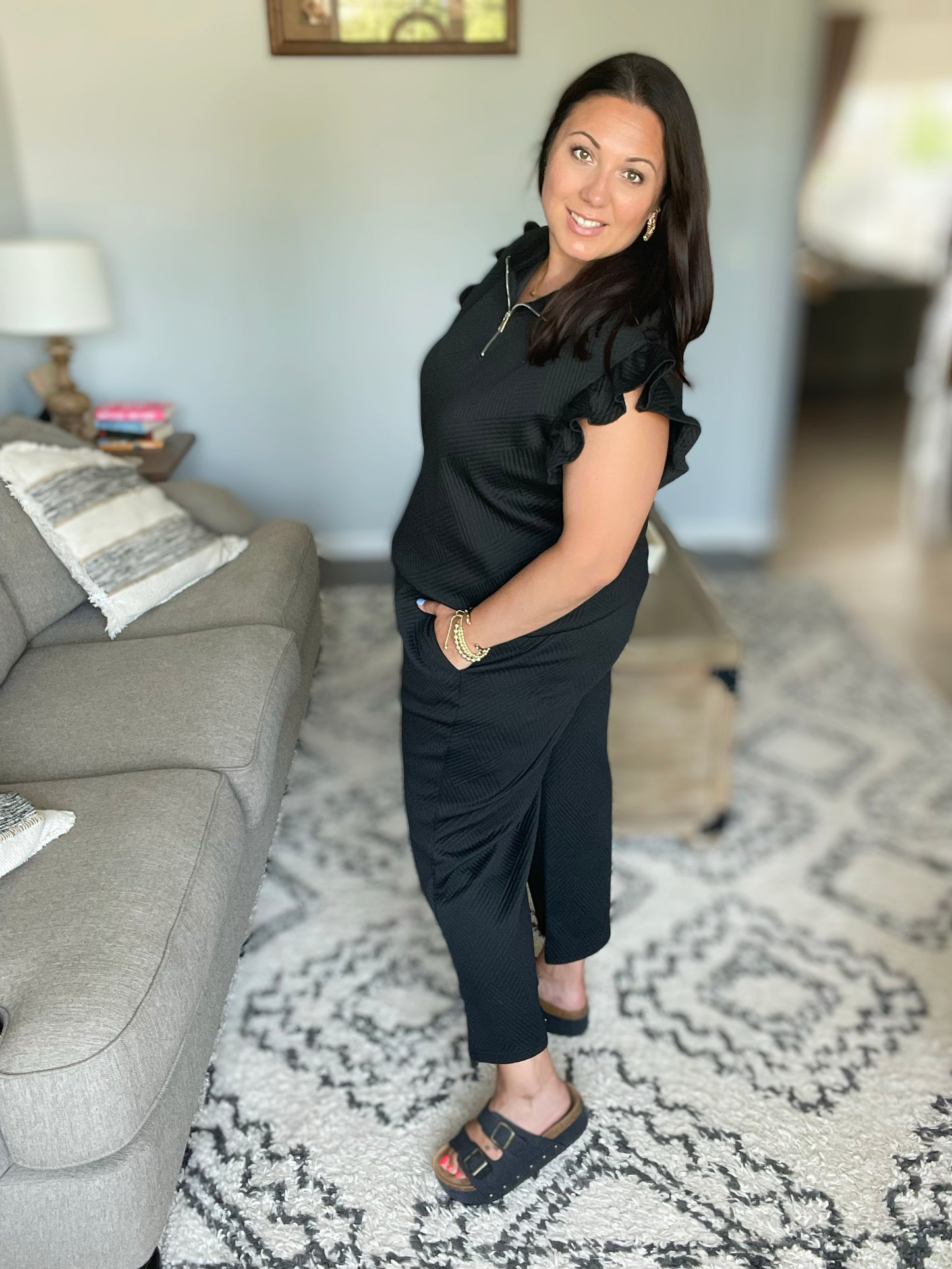 Textured Ruffle Short Sleeve Top and Cropped  Wide Leg Pants Set in 12 Colors