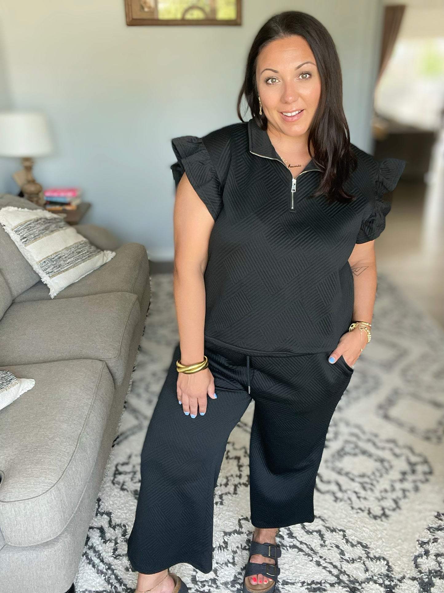 Textured Ruffle Short Sleeve Top and Cropped  Wide Leg Pants Set in 12 Colors