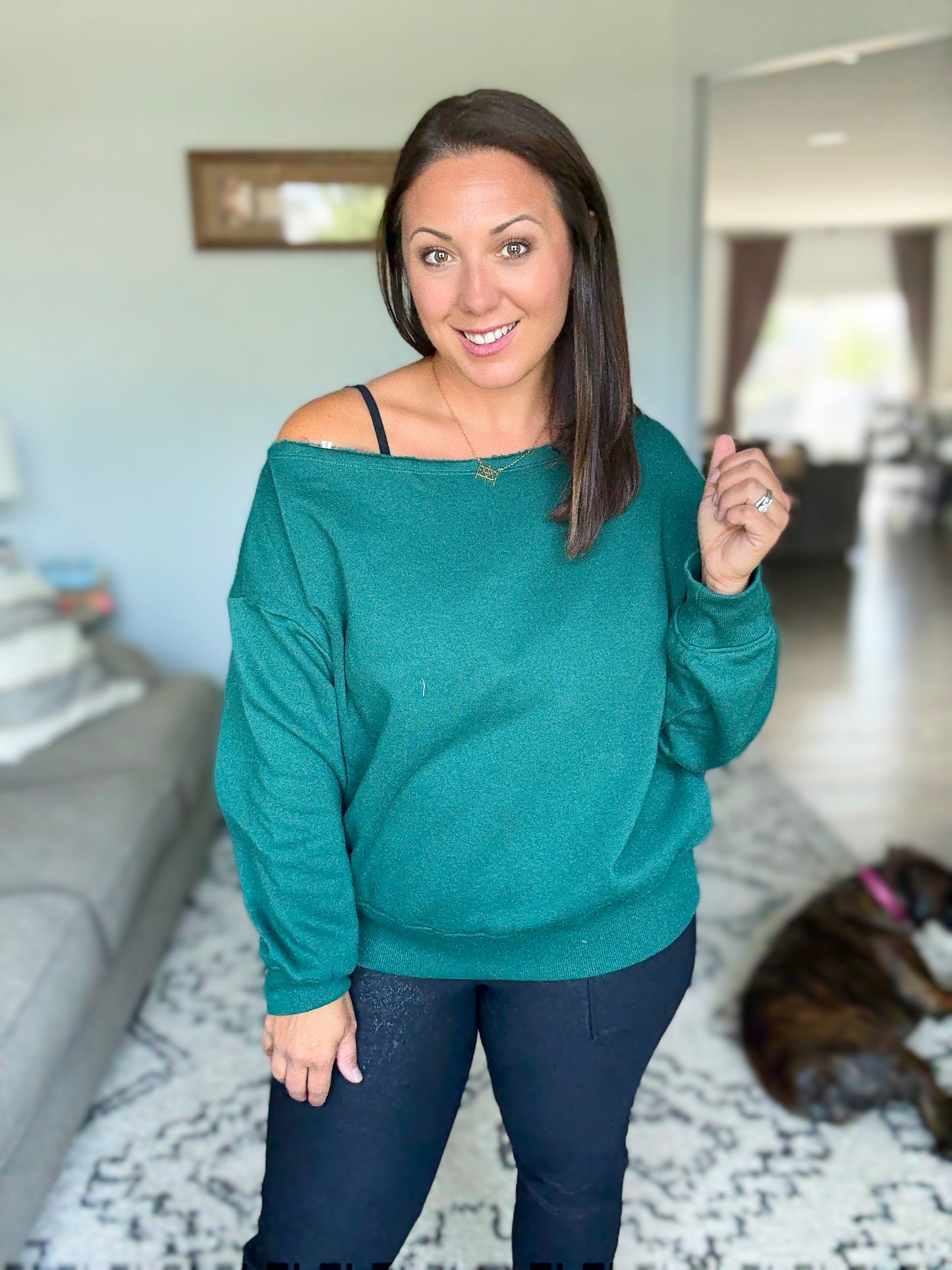 Side Hustle Off Shoulder Long Sleeve Top in Hunter Green