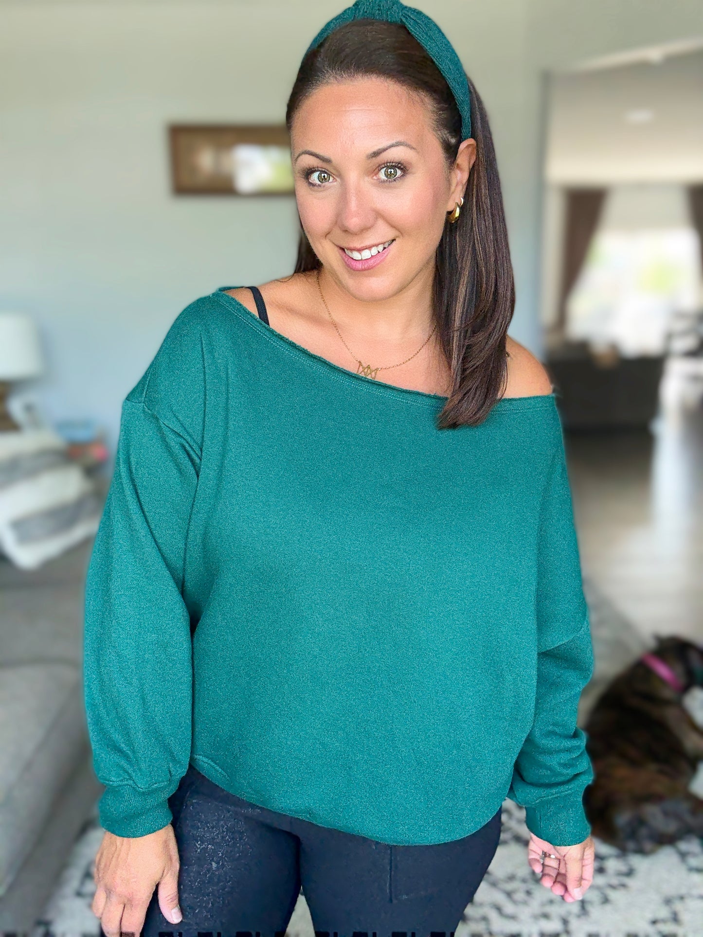 Side Hustle Off Shoulder Long Sleeve Top in Hunter Green