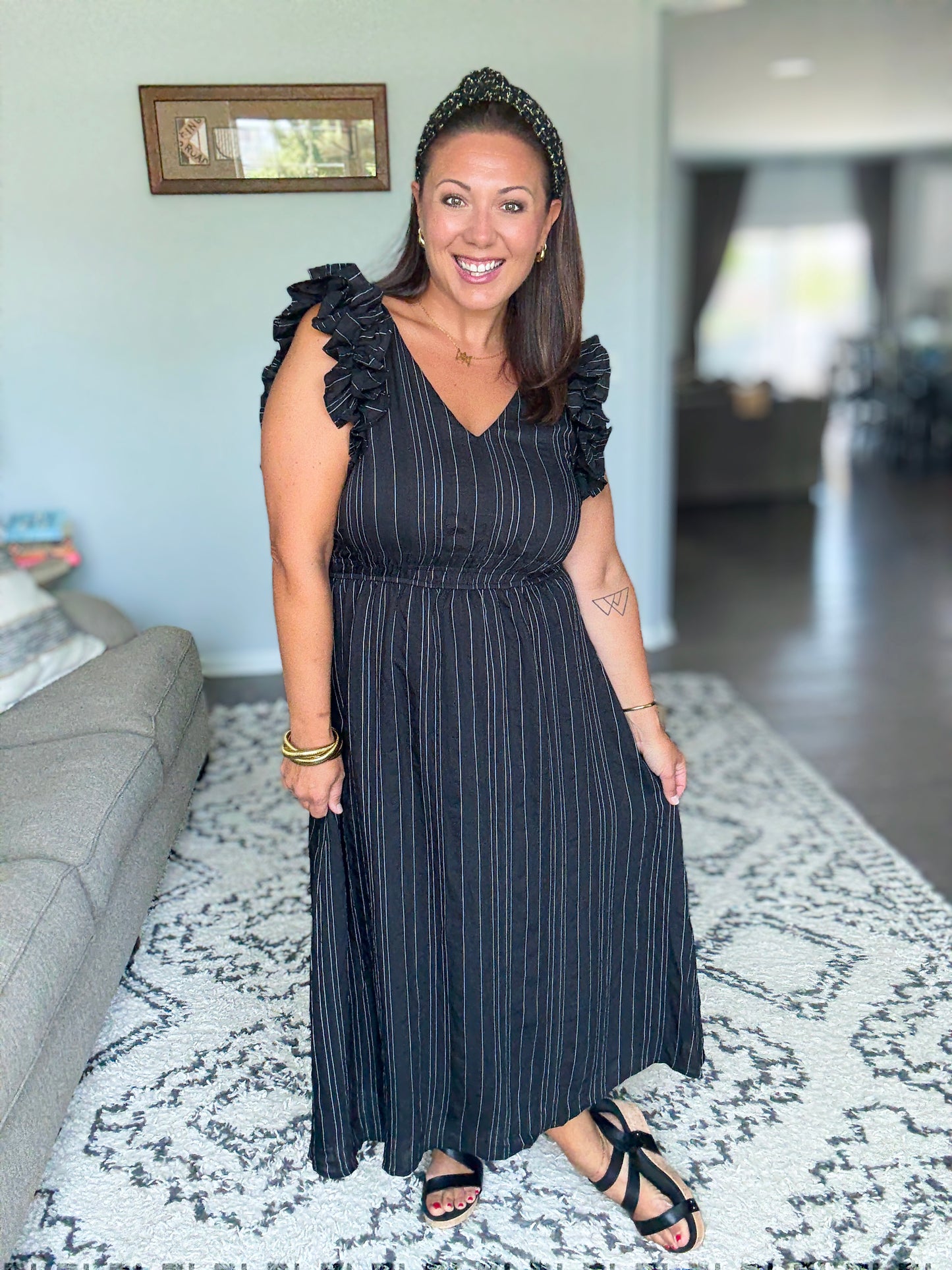 Pinstripe Romance V-Neck Ruffle Sleeve Dress in Black