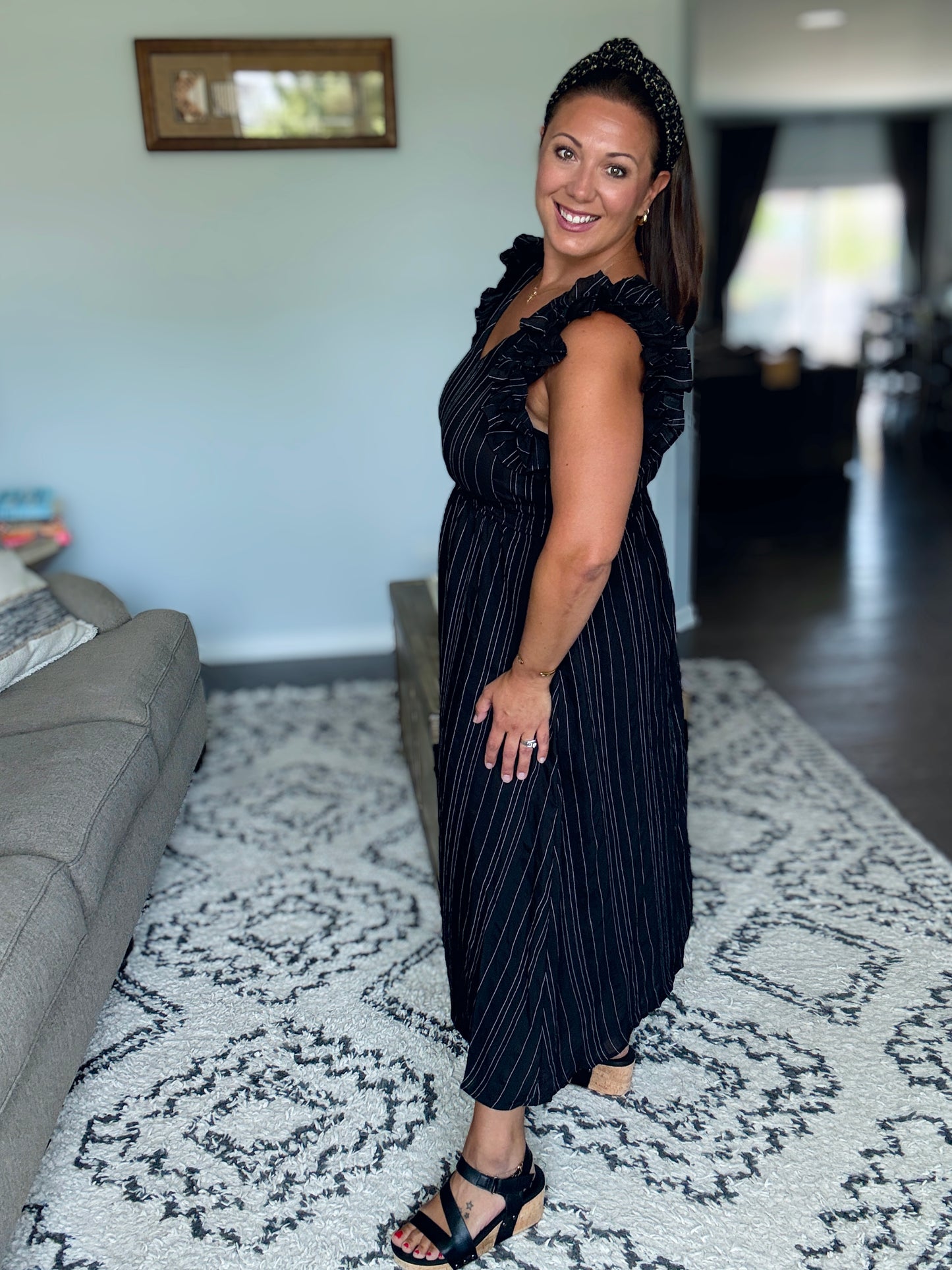 Pinstripe Romance V-Neck Ruffle Sleeve Dress in Black