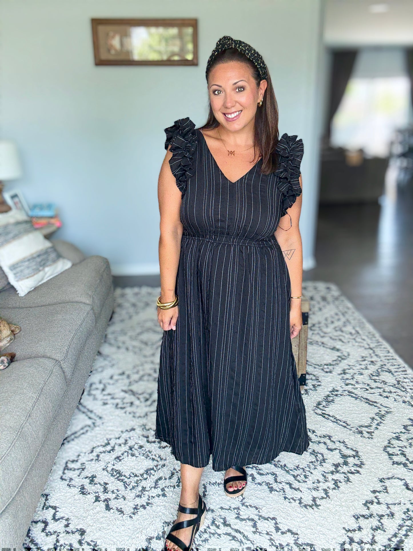 Pinstripe Romance V-Neck Ruffle Sleeve Dress in Black