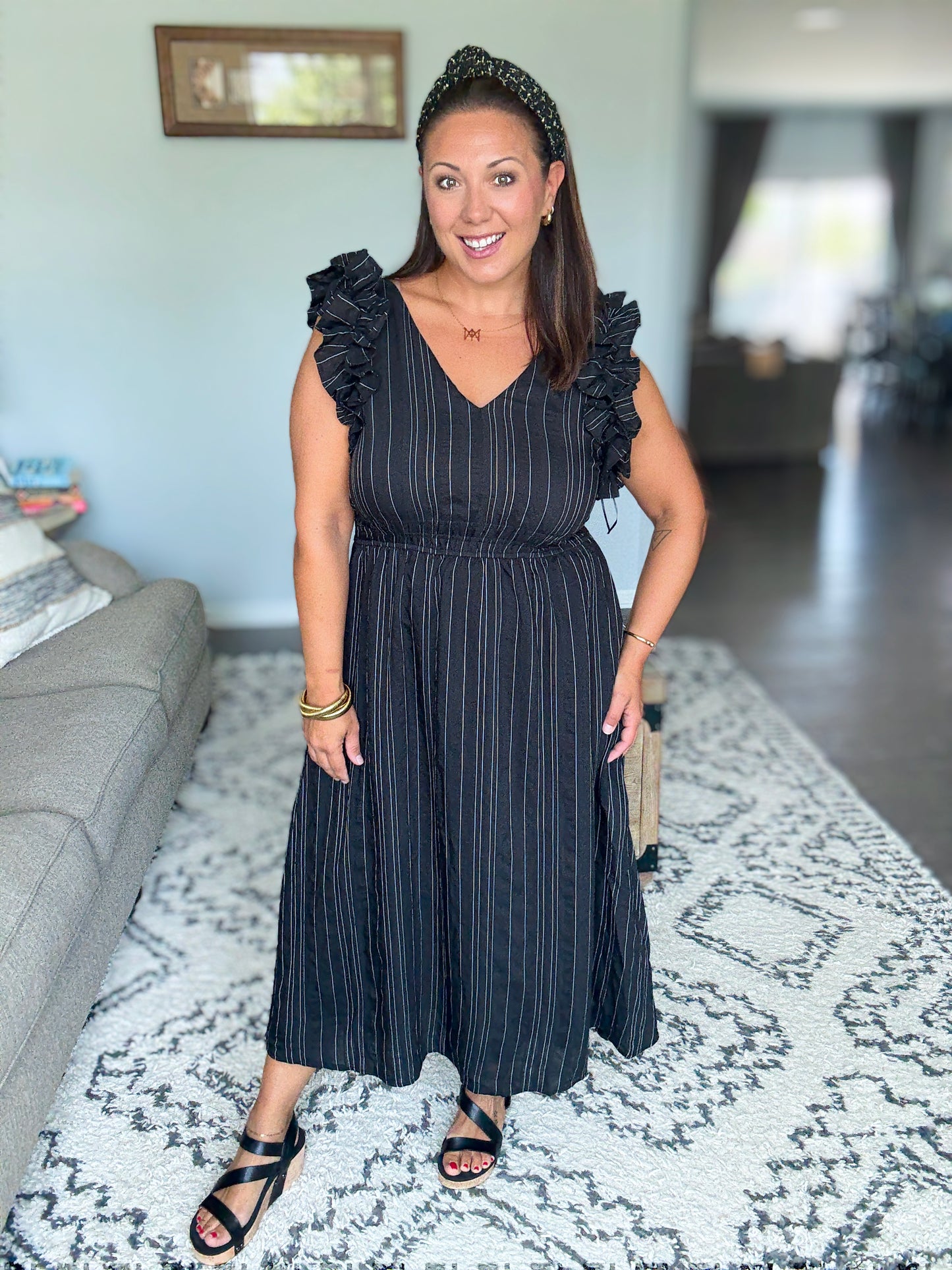 Pinstripe Romance V-Neck Ruffle Sleeve Dress in Black