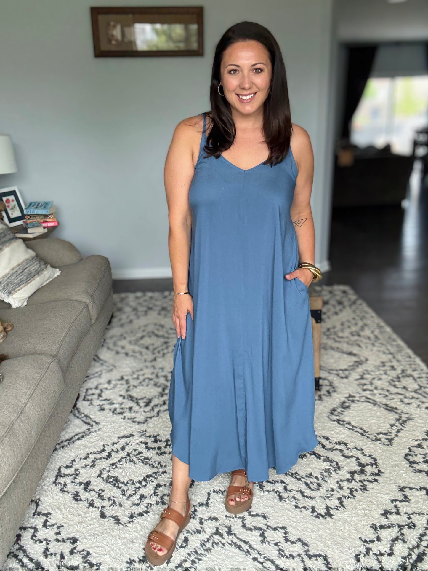 Zenana Woven Arc Hem Cami Dress With Flowy Pockets in Dusty Blue
