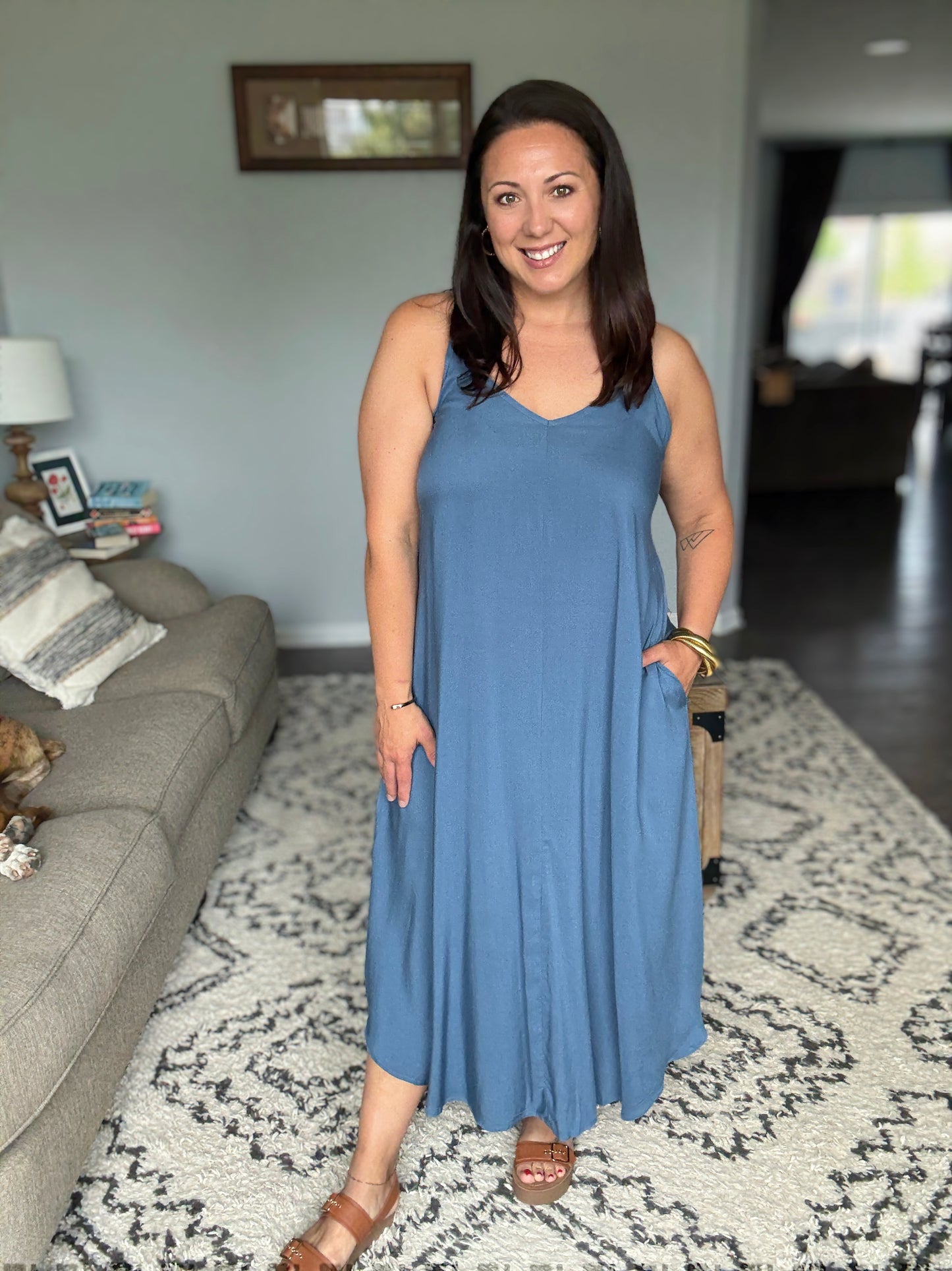 Zenana Woven Arc Hem Cami Dress With Flowy Pockets in Dusty Blue