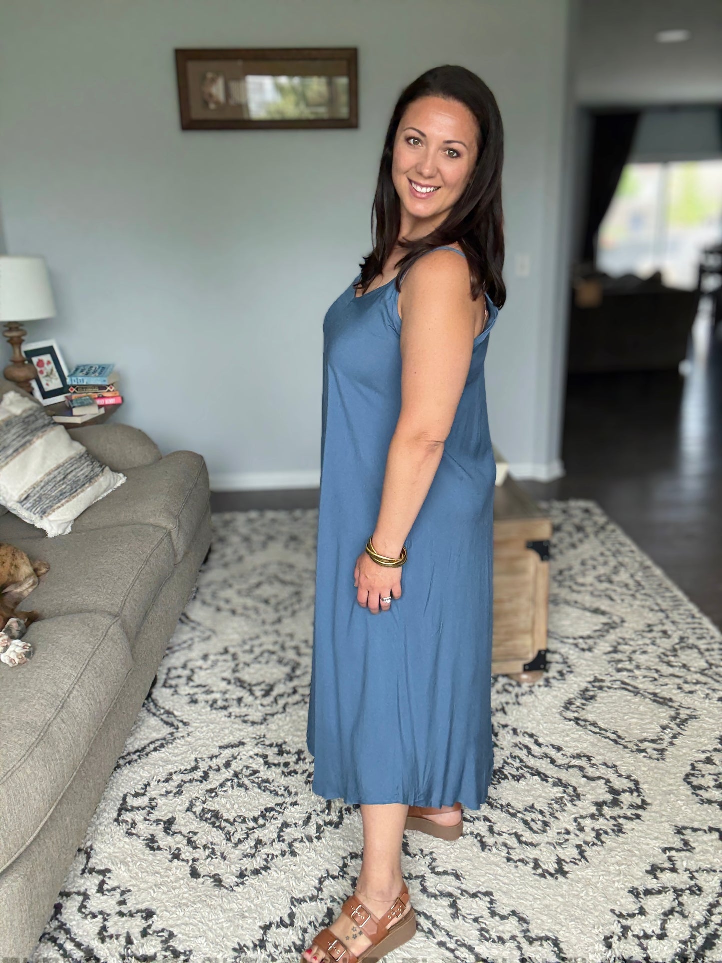 Zenana Woven Arc Hem Cami Dress With Flowy Pockets in Dusty Blue