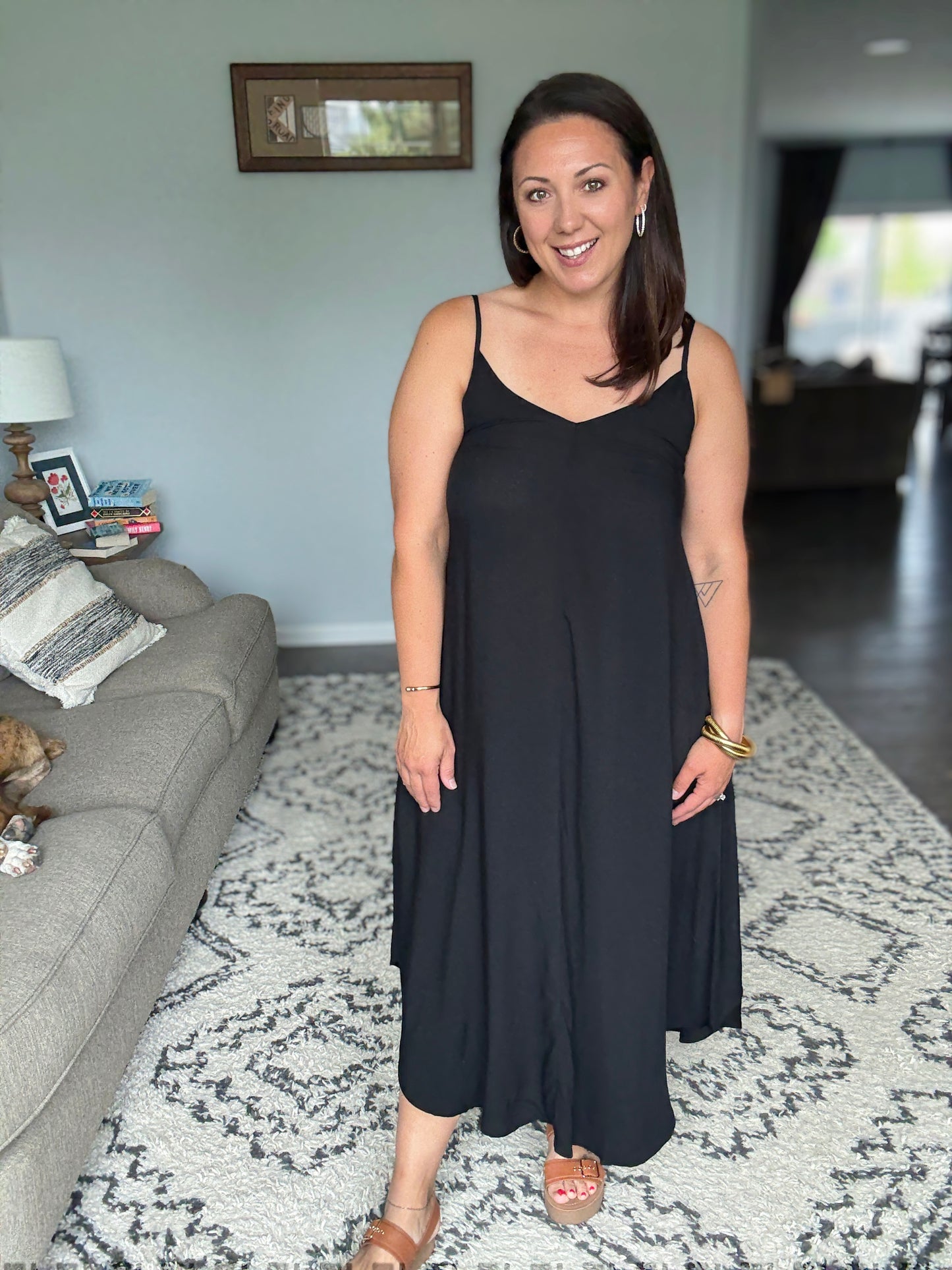 Zenana Woven Arc Hem Cami Dress With Flowy Pockets in Black