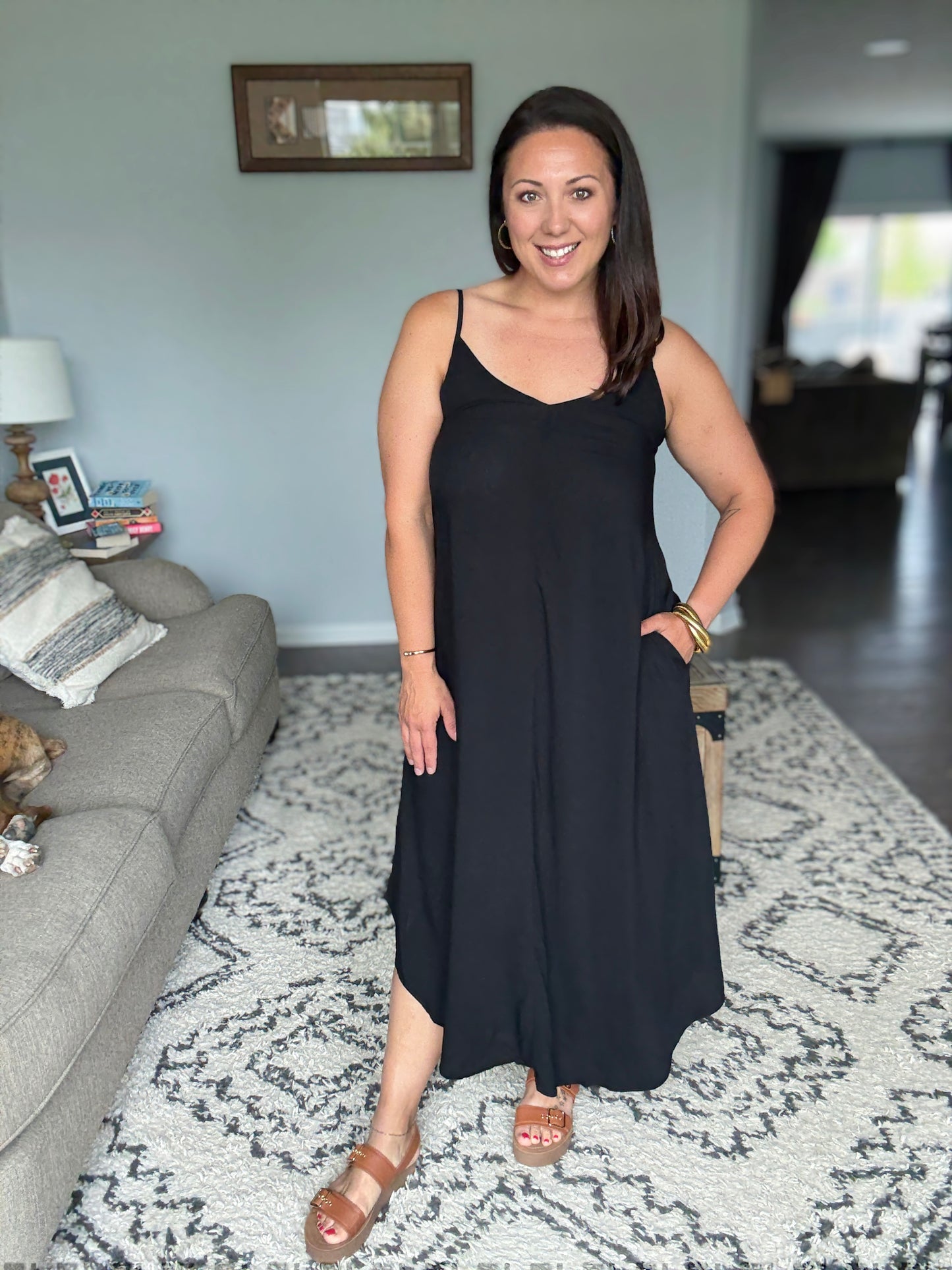 Zenana Woven Arc Hem Cami Dress With Flowy Pockets in Black