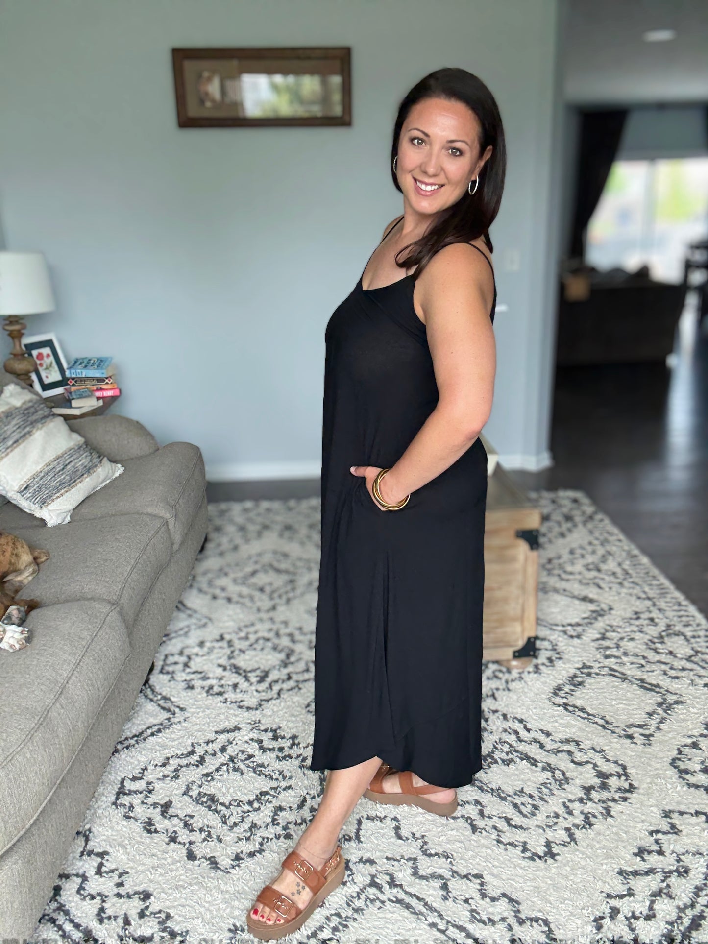 Zenana Woven Arc Hem Cami Dress With Flowy Pockets in Black