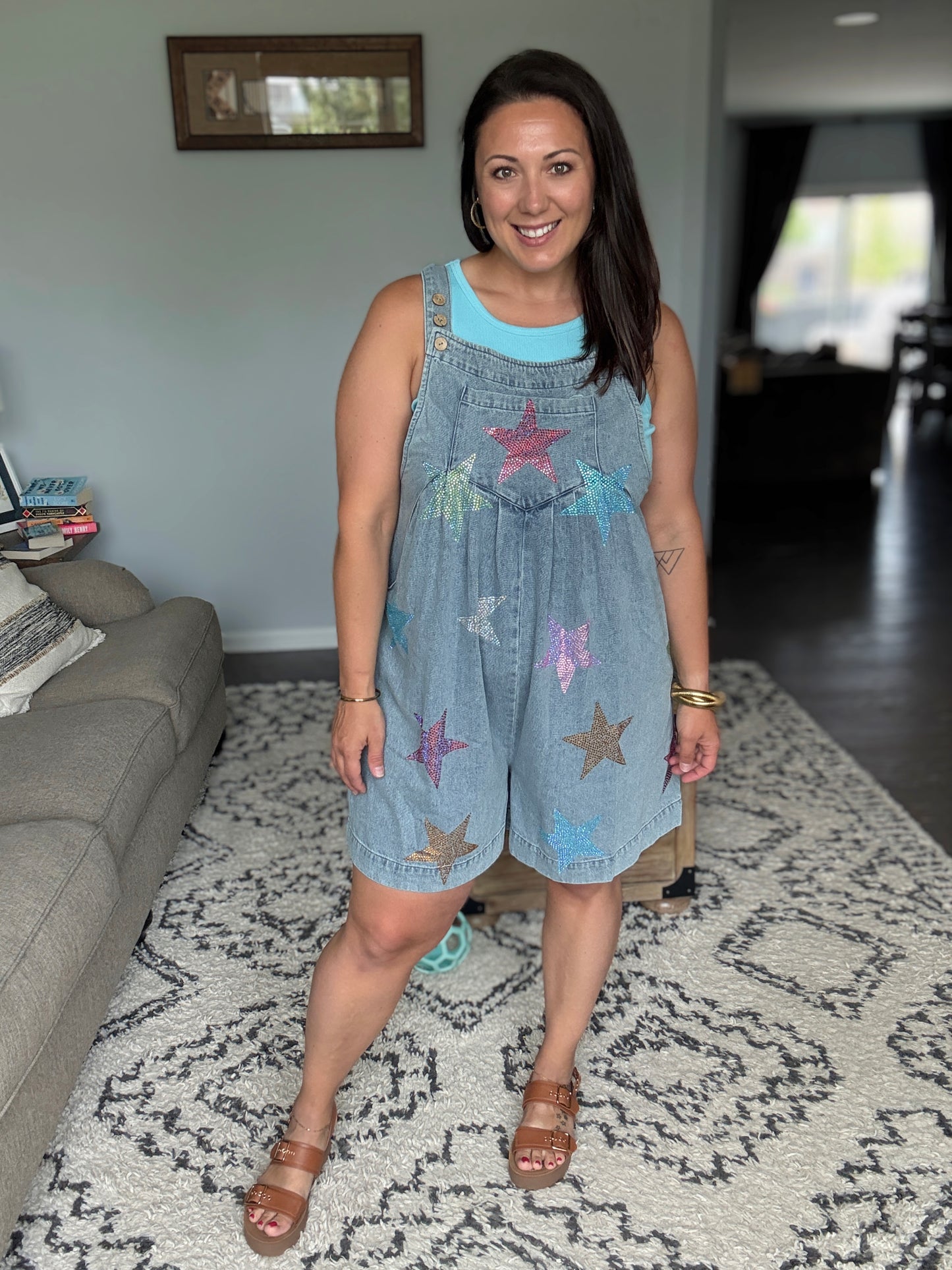 BiBi Star Rhinestone Washed Wide Leg Shortalls