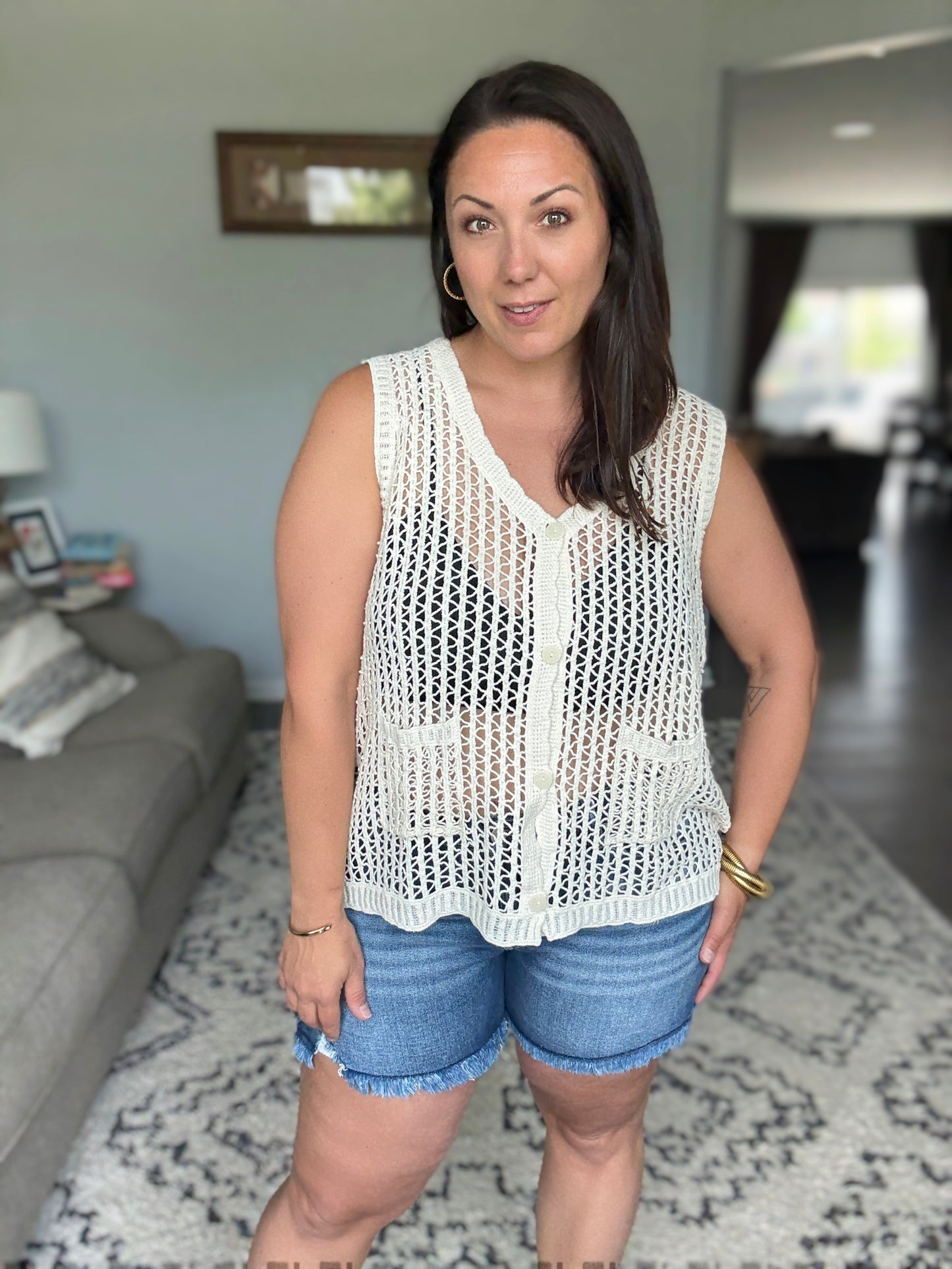 ADORA Button Down Crochet Vest Top in Beige