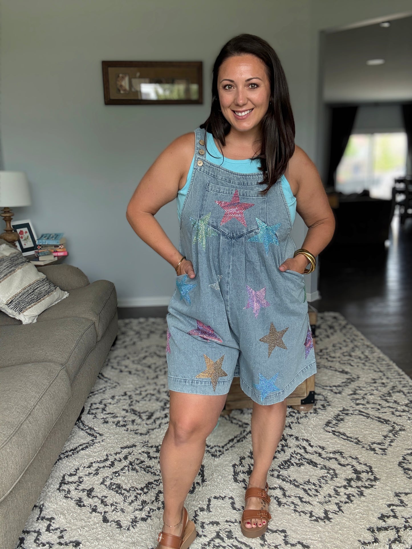 BiBi Star Rhinestone Washed Wide Leg Shortalls