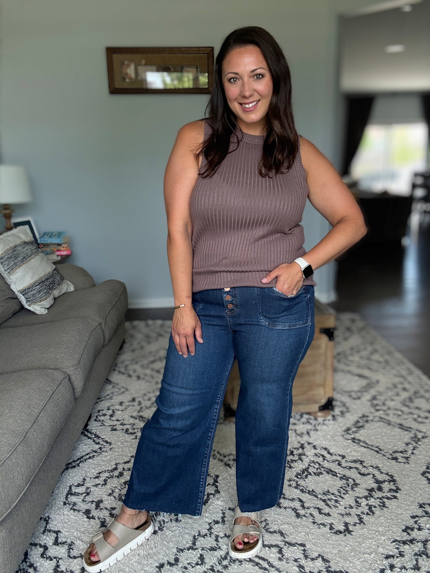 RISEN Suspect Loves Wide Leg Cropped Jeans in Button Fly Dark Wash