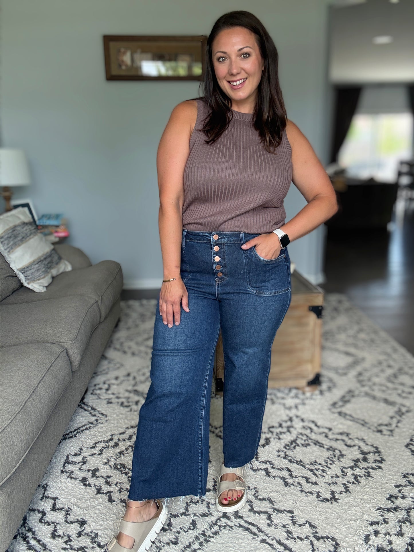 RISEN Suspect Loves Wide Leg Cropped Jeans in Button Fly Dark Wash