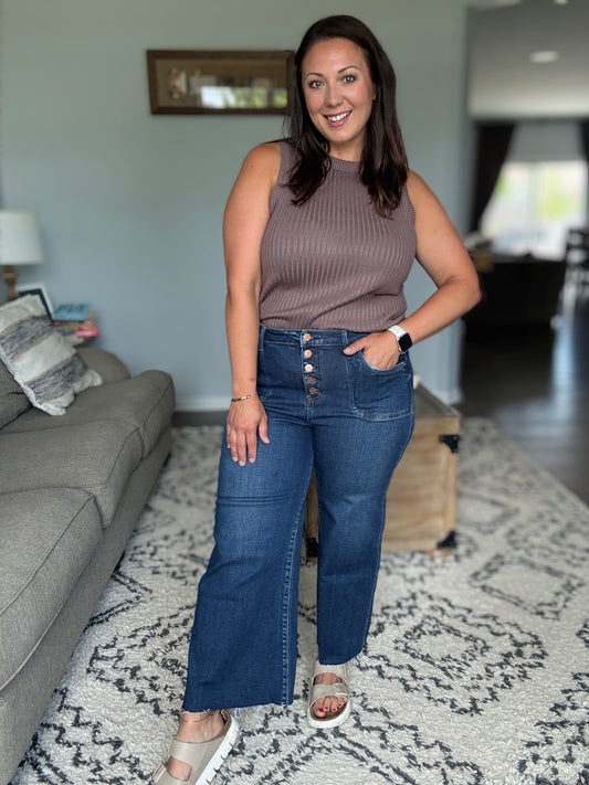 RISEN Suspect Loves Wide Leg Cropped Jeans in Button Fly Dark Wash