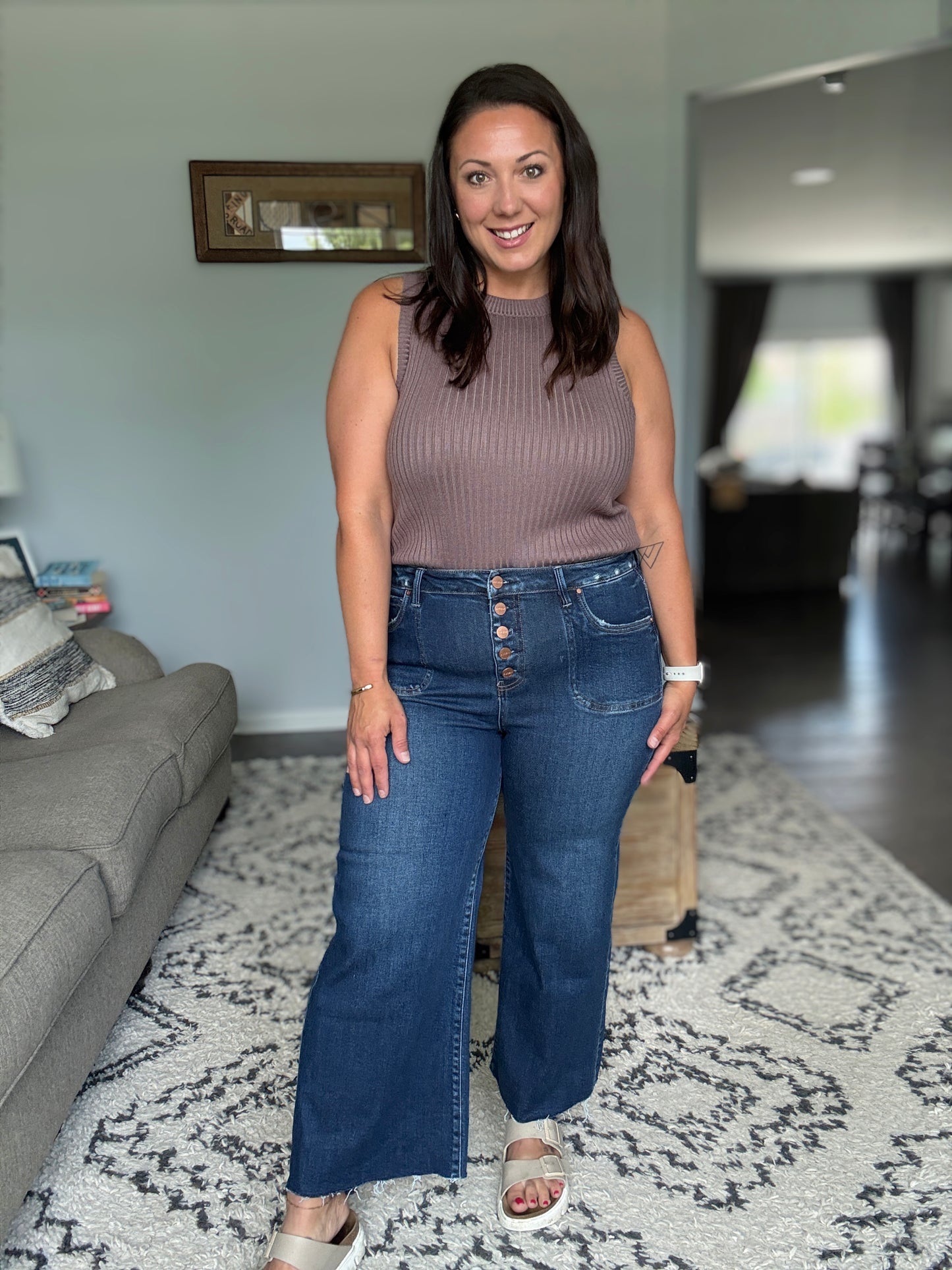 RISEN Suspect Loves Wide Leg Cropped Jeans in Button Fly Dark Wash