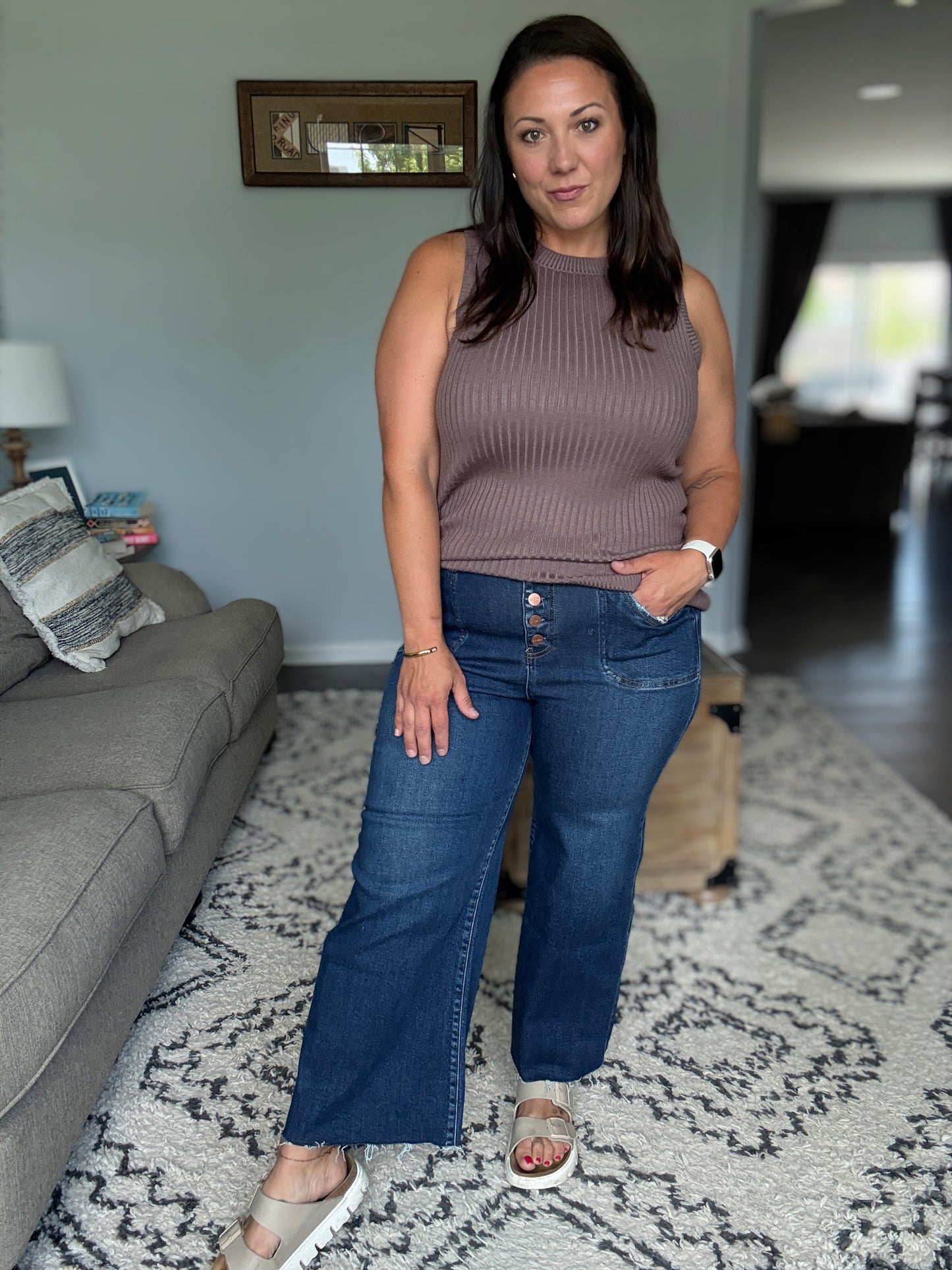 RISEN Suspect Loves Wide Leg Cropped Jeans in Button Fly Dark Wash