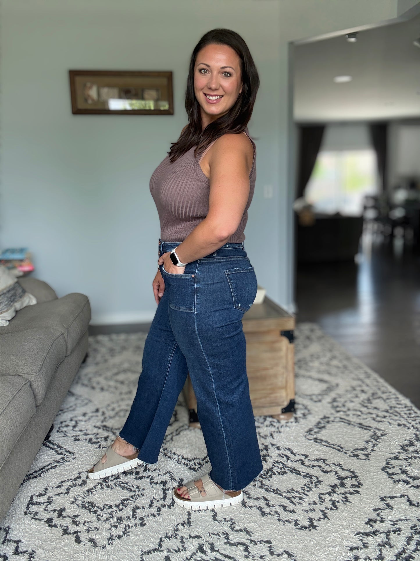 RISEN Suspect Loves Wide Leg Cropped Jeans in Button Fly Dark Wash