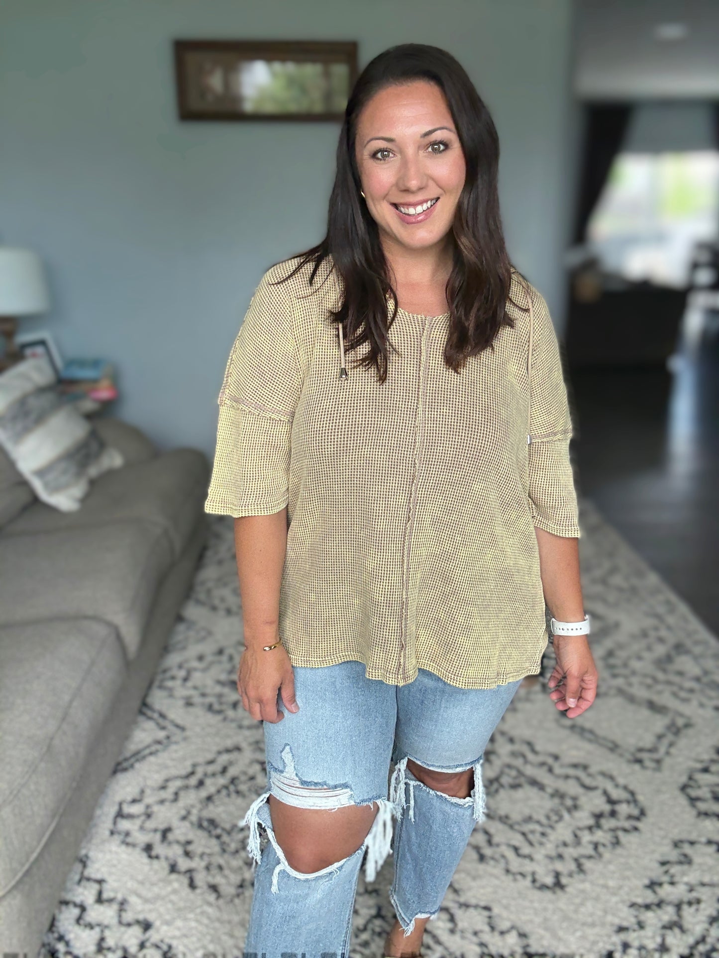 BiBi Mineral Washed Short Sleeve Hoodie Top in Mocha Latte