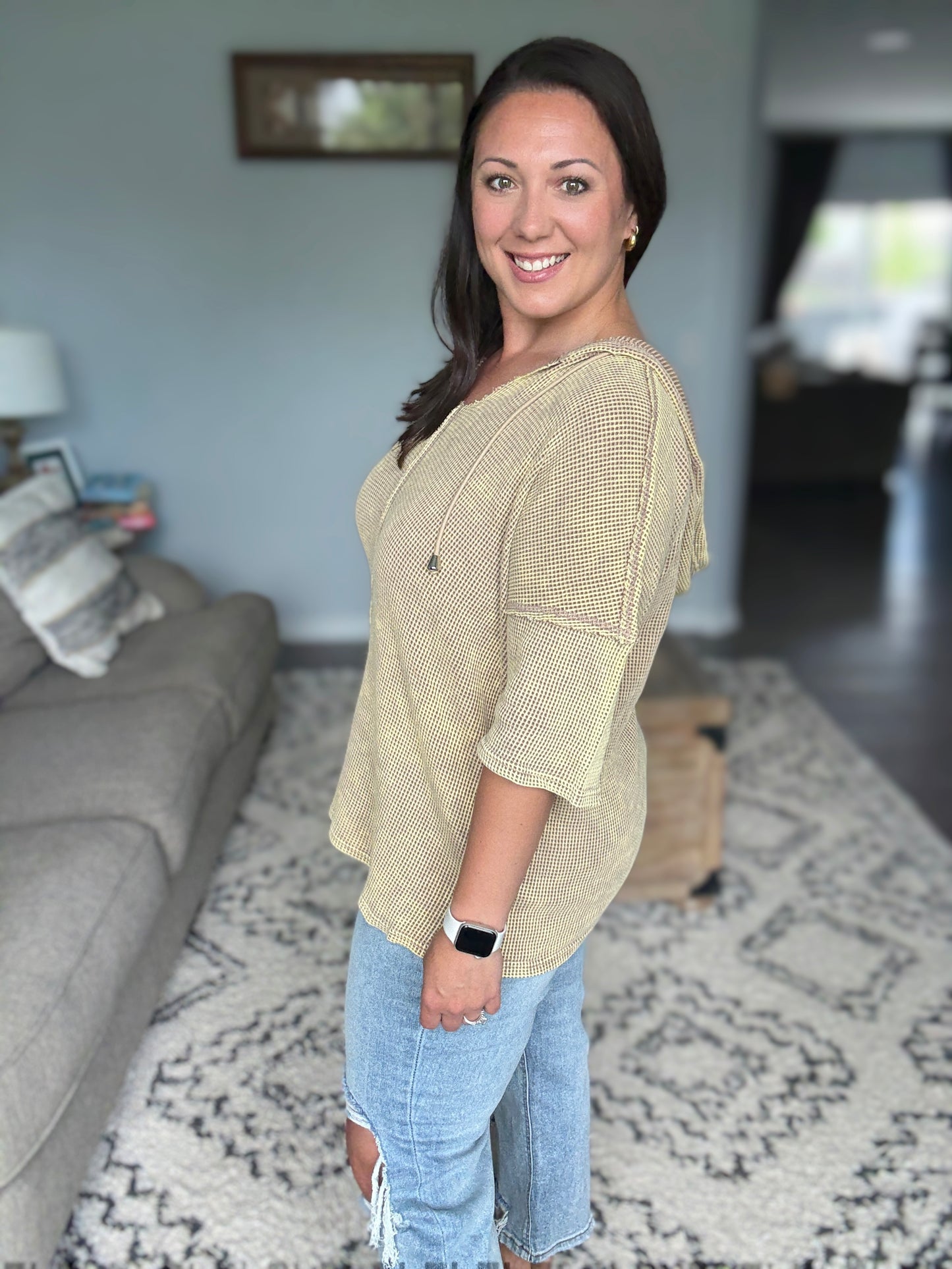 BiBi Mineral Washed Short Sleeve Hoodie Top in Mocha Latte
