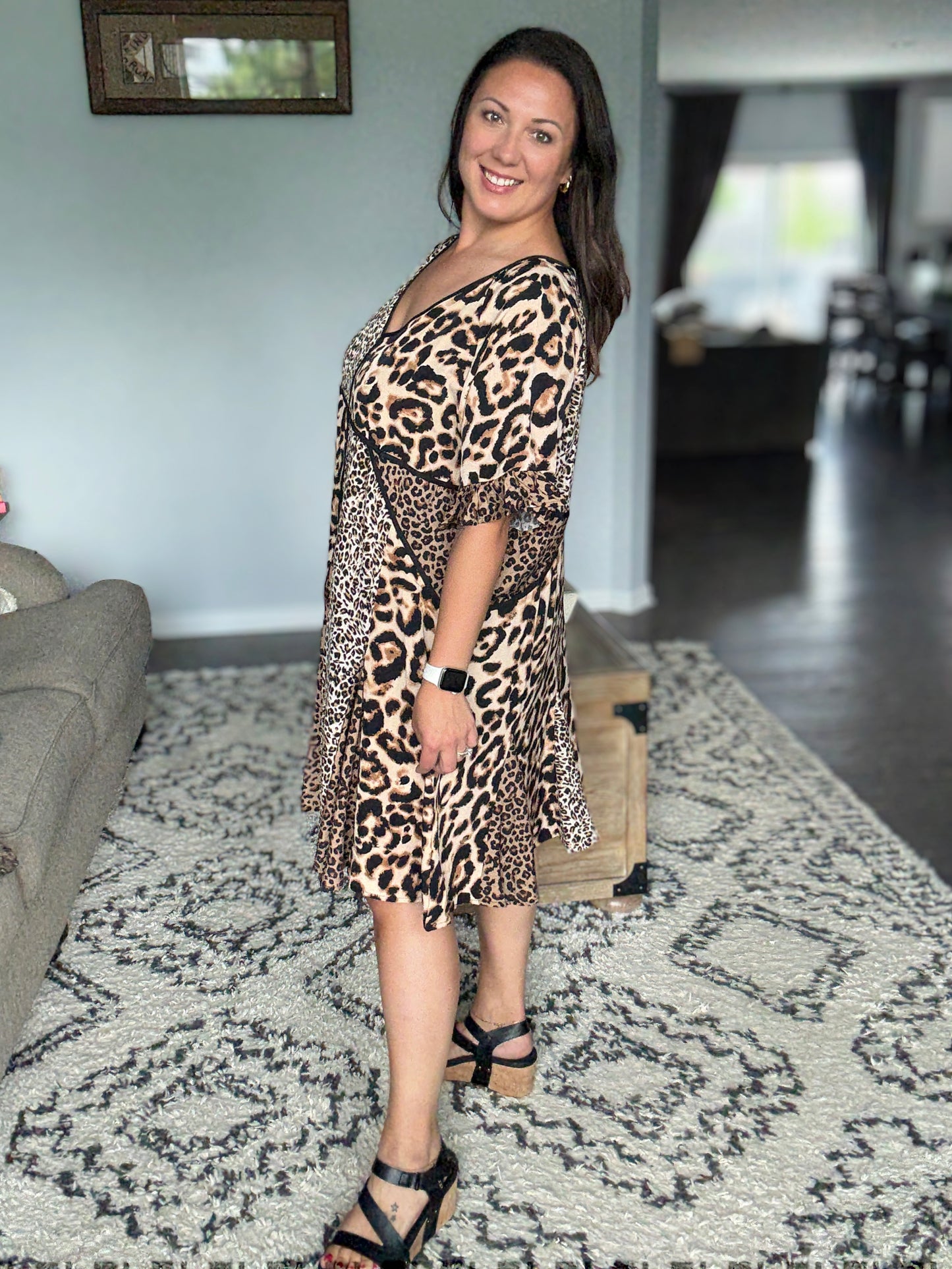 BiBi Mixed Leopard Ruffle Sleeve Dress