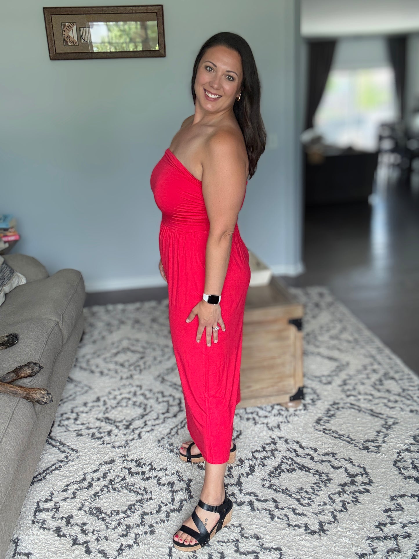 Zenana Double Layered Strapless Tube Top Jumpsuit in Ruby
