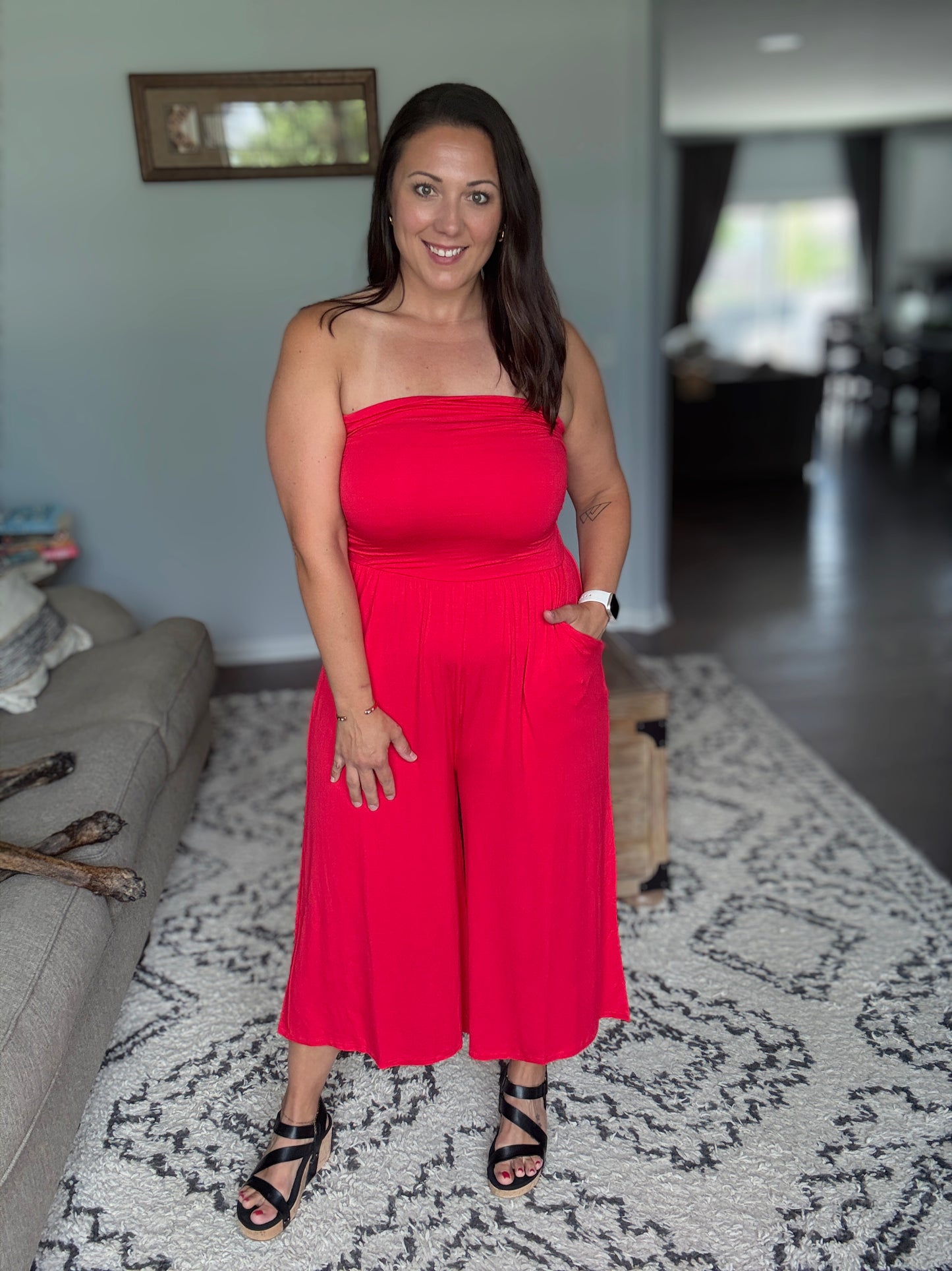 Zenana Double Layered Strapless Tube Top Jumpsuit in Ruby