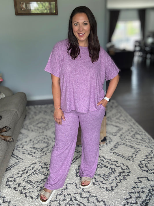Zenana Soft Melange Short Sleeve Tee & Long Pants Set in Light Plum
