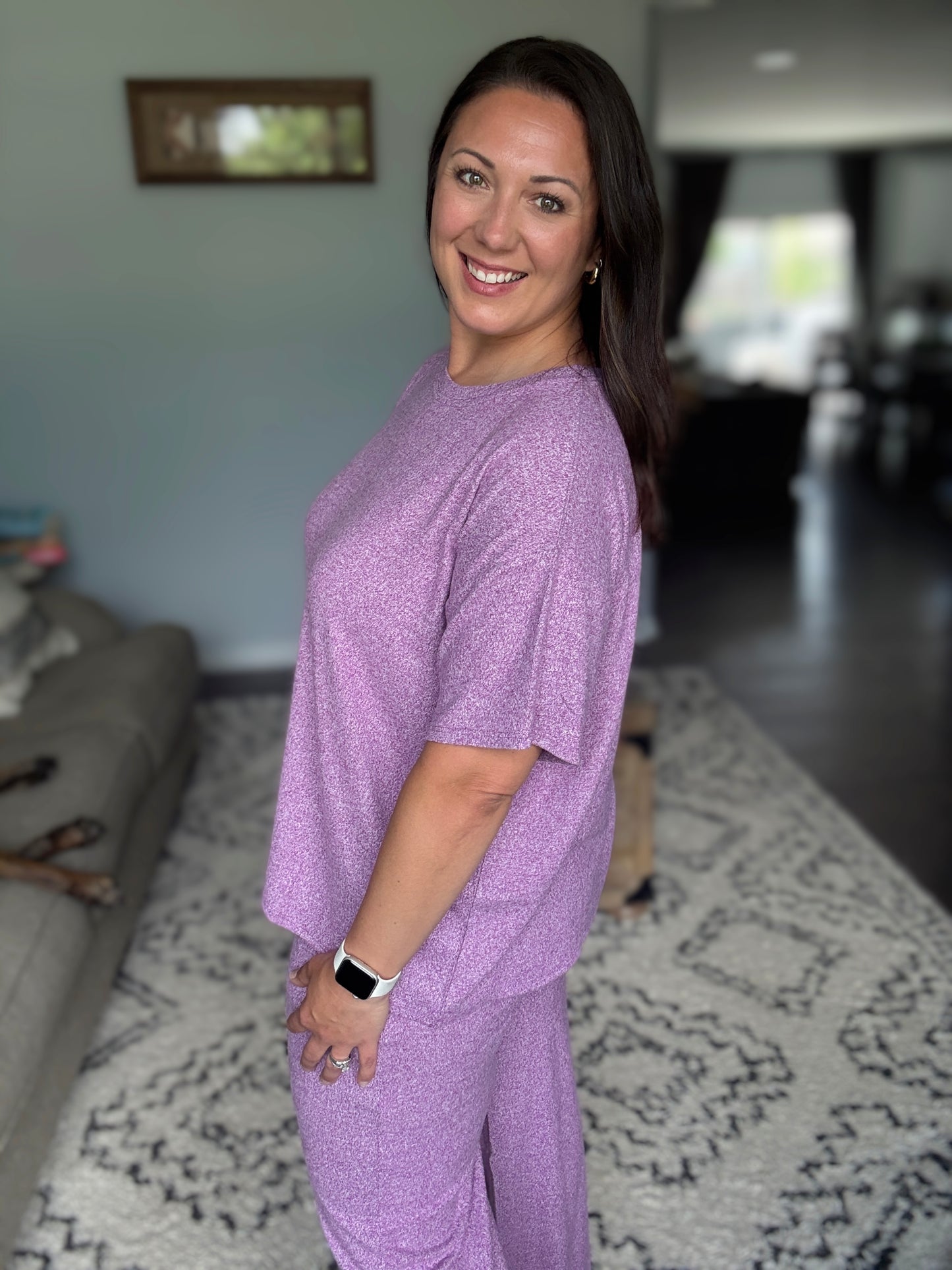 Zenana Soft Melange Short Sleeve Tee & Long Pants Set in Light Plum
