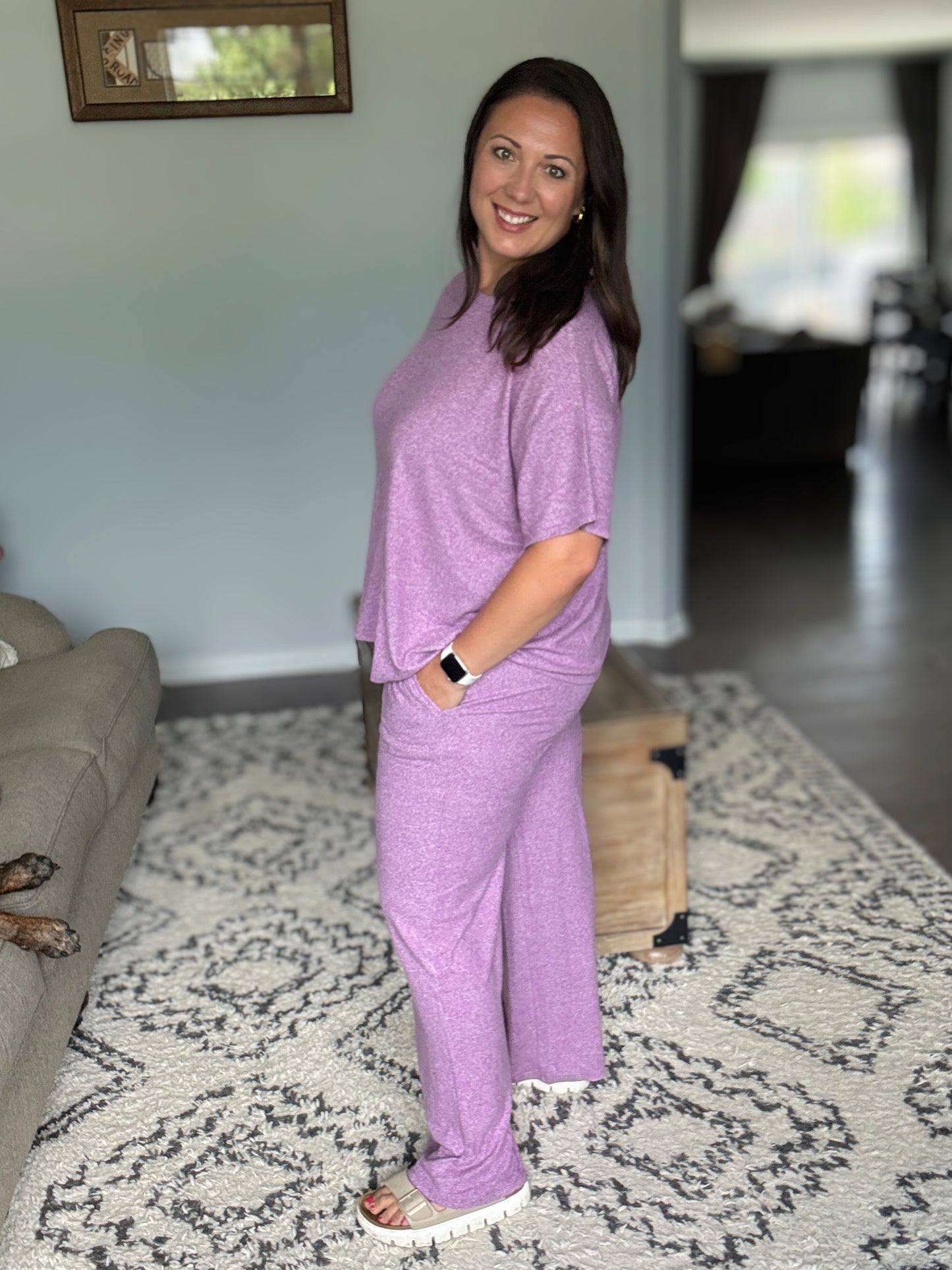 Zenana Soft Melange Short Sleeve Tee & Long Pants Set in Light Plum
