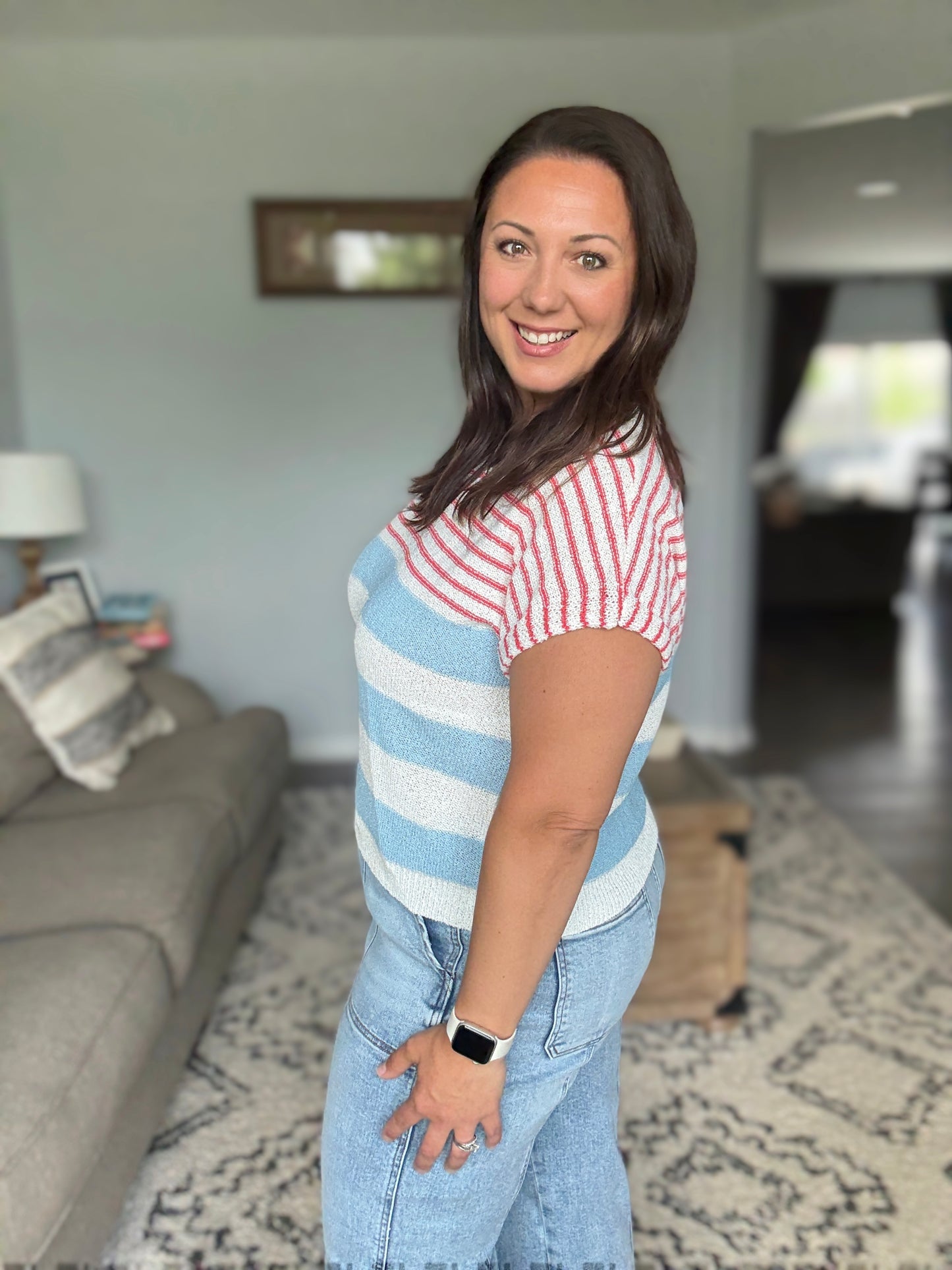 BiBi Striped Lightweight Short Sleeve Sweater