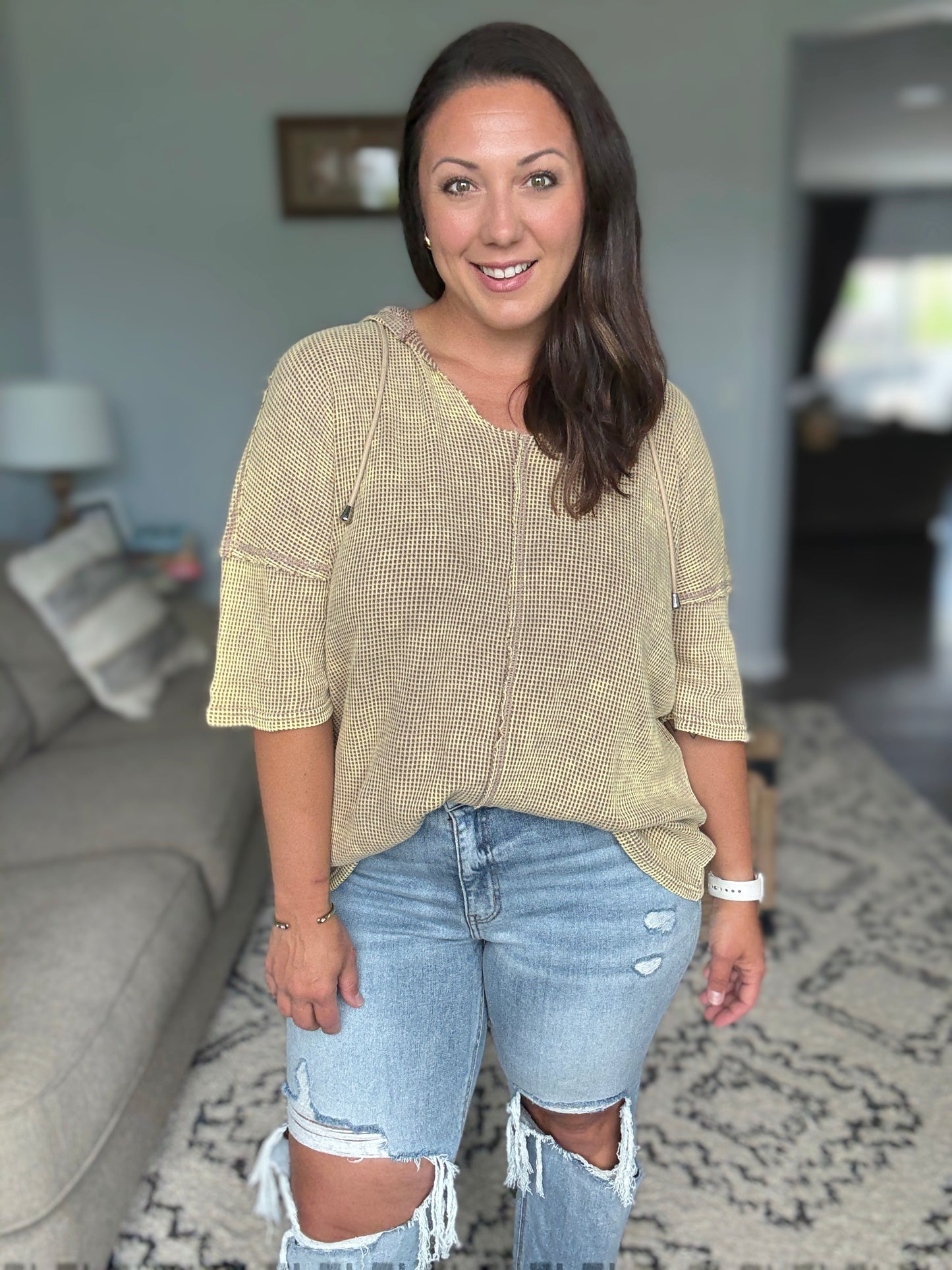 BiBi Mineral Washed Short Sleeve Hoodie Top in Mocha Latte