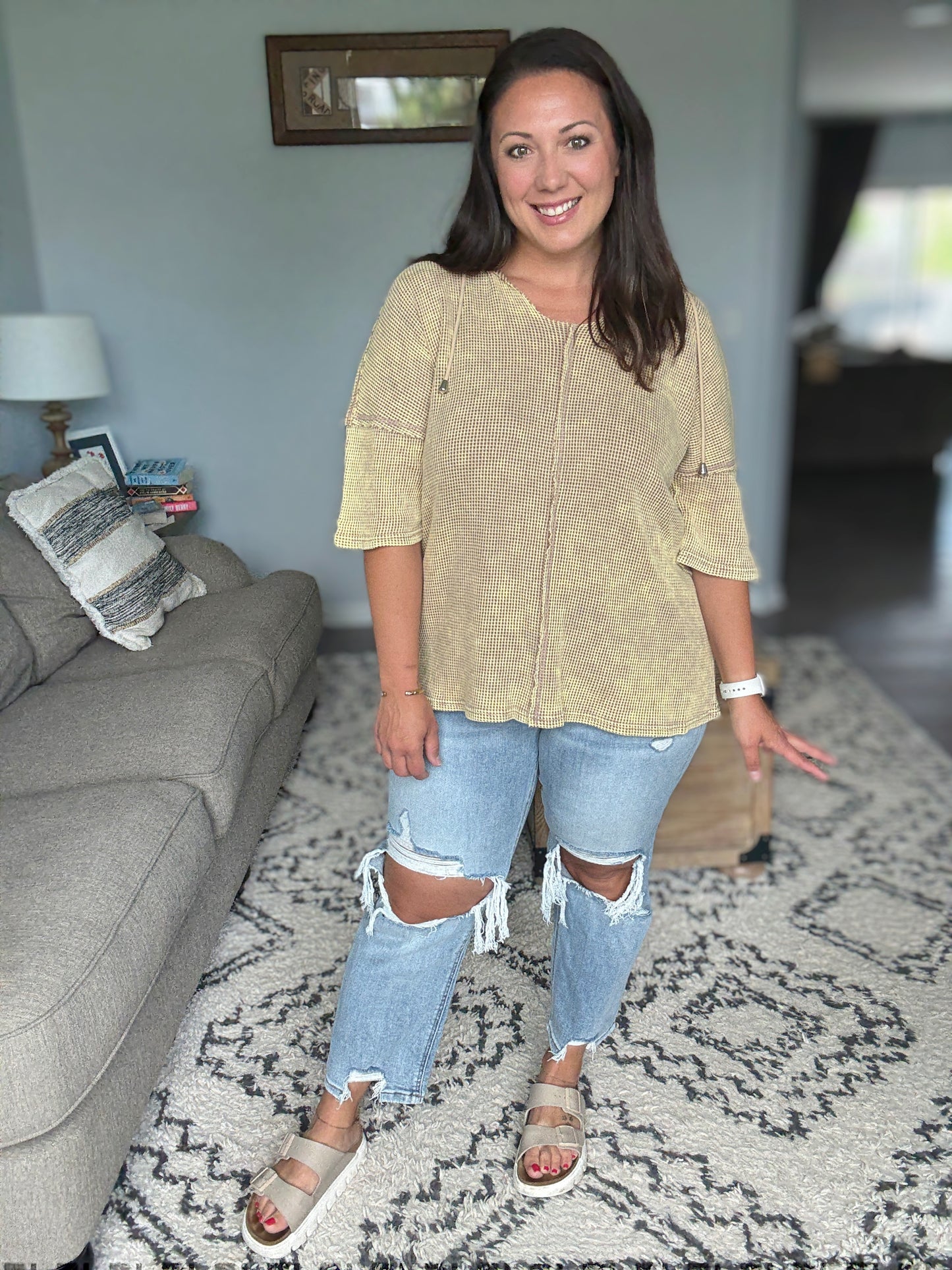 BiBi Mineral Washed Short Sleeve Hoodie Top in Mocha Latte