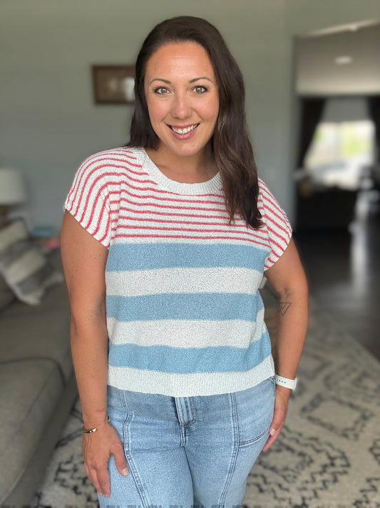 BiBi Striped Lightweight Short Sleeve Sweater