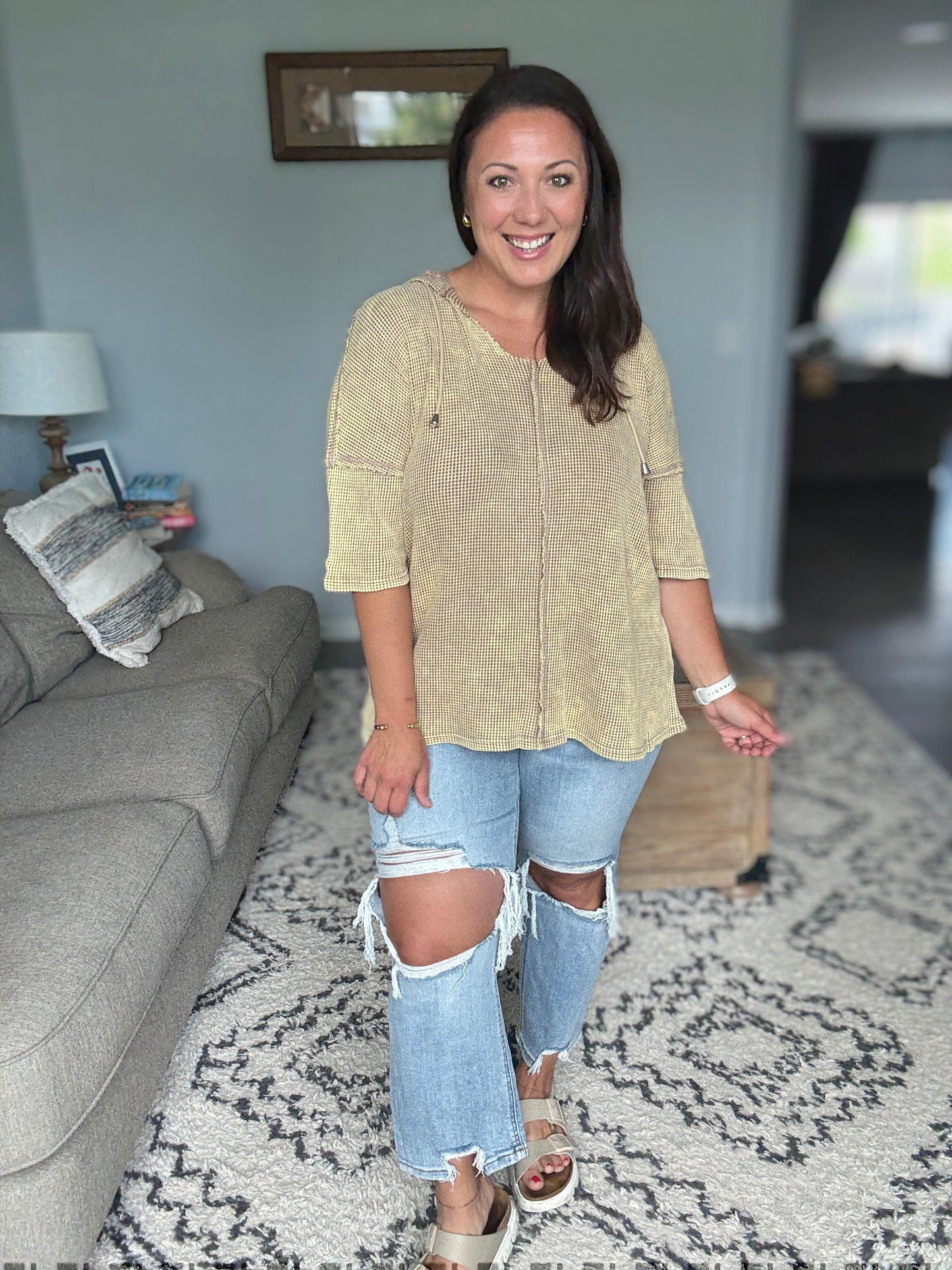 BiBi Mineral Washed Short Sleeve Hoodie Top in Mocha Latte