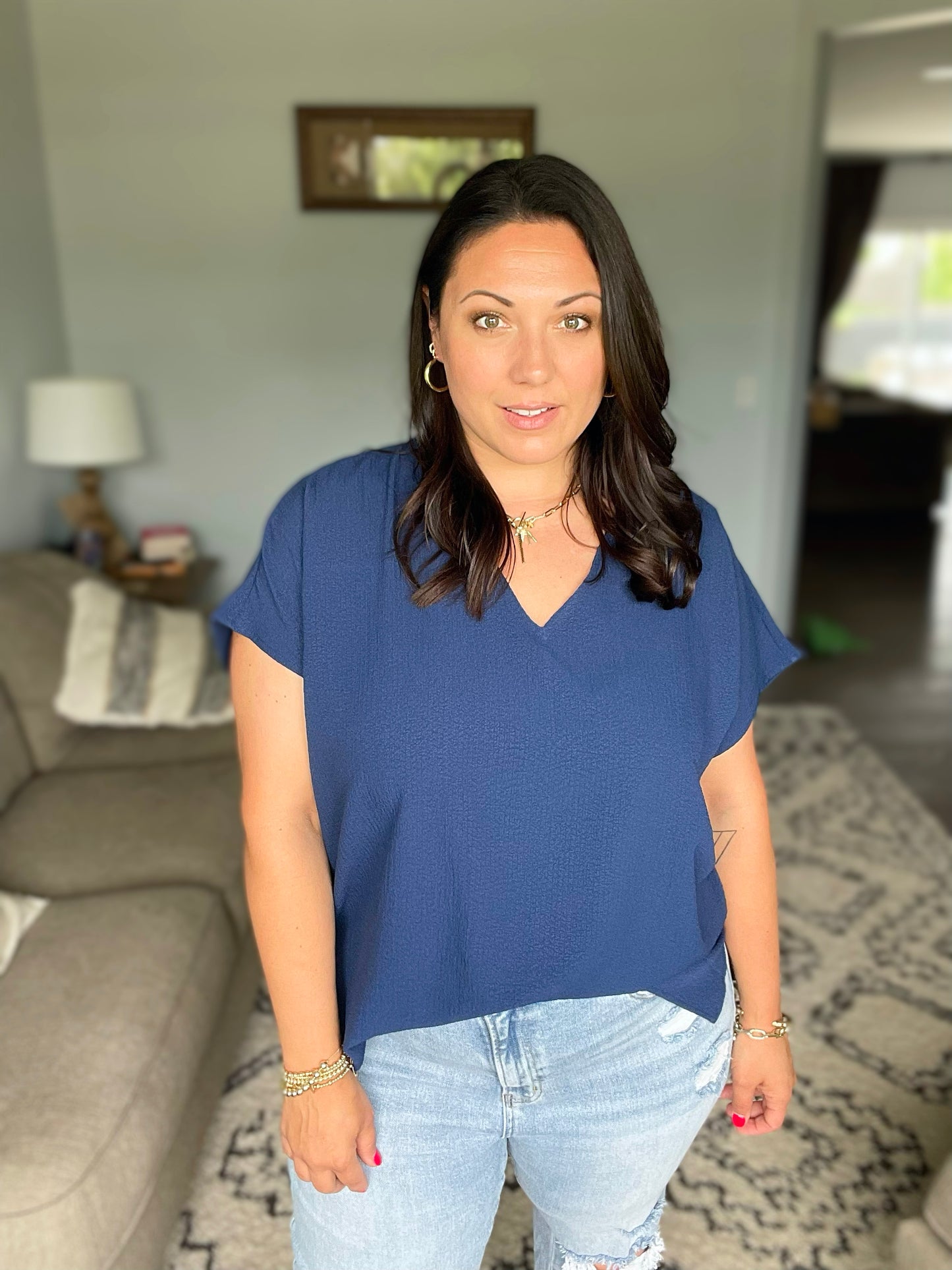 Let Me Be Your Wings V-Neck Top in Navy