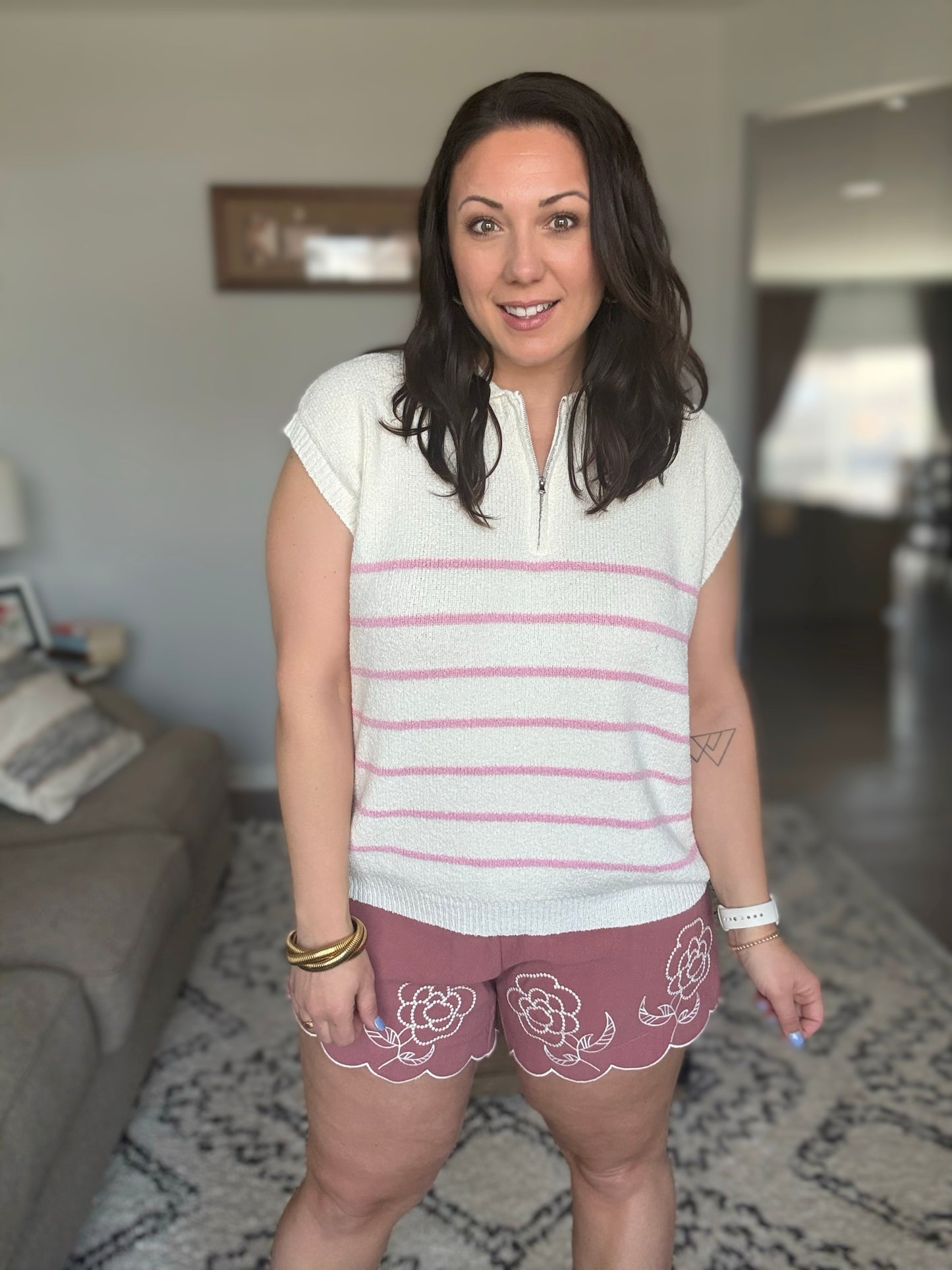 She + Sky Striped Quarter Zip Sweater Vest in Pink