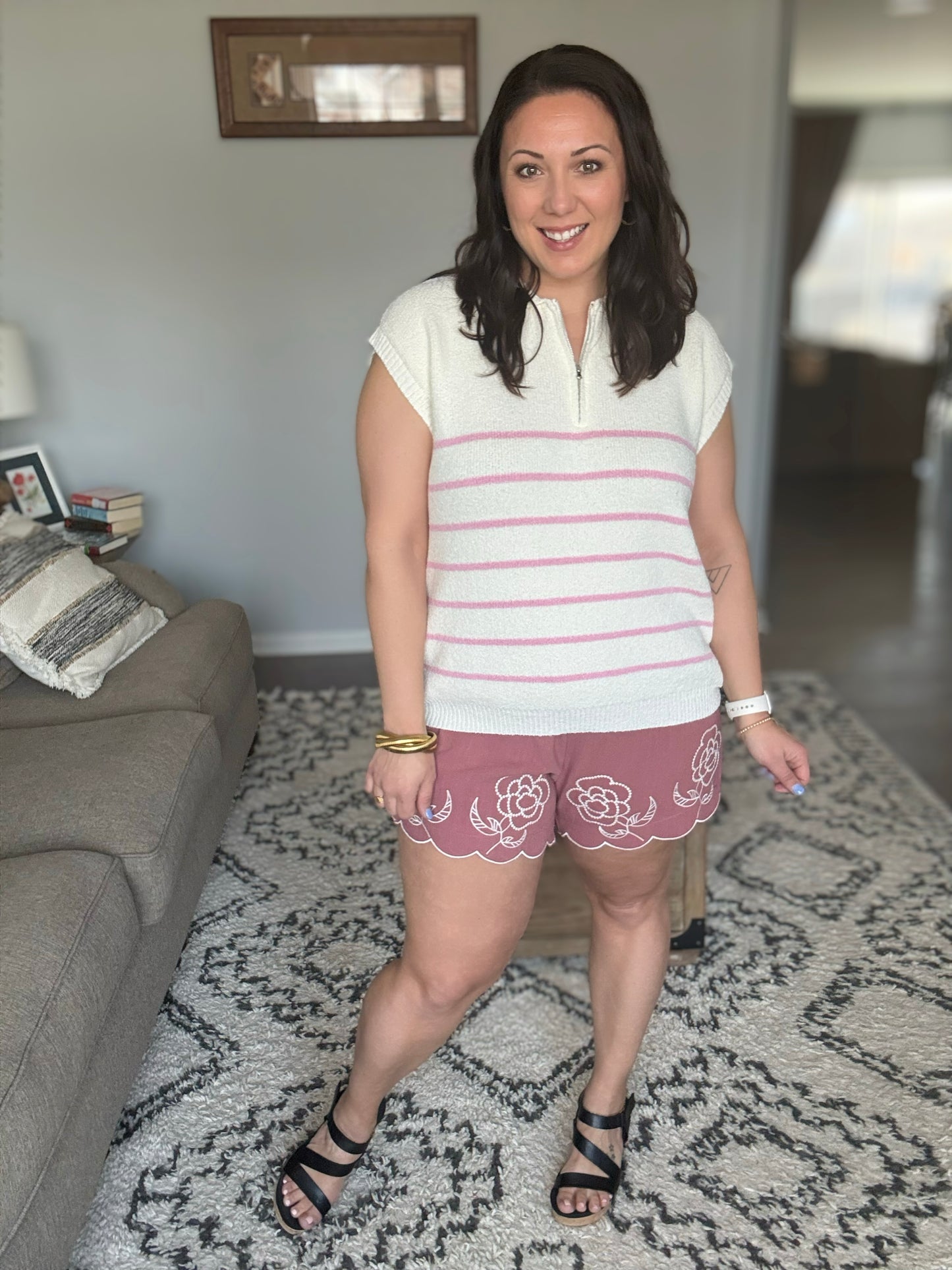 She + Sky Striped Quarter Zip Sweater Vest in Pink