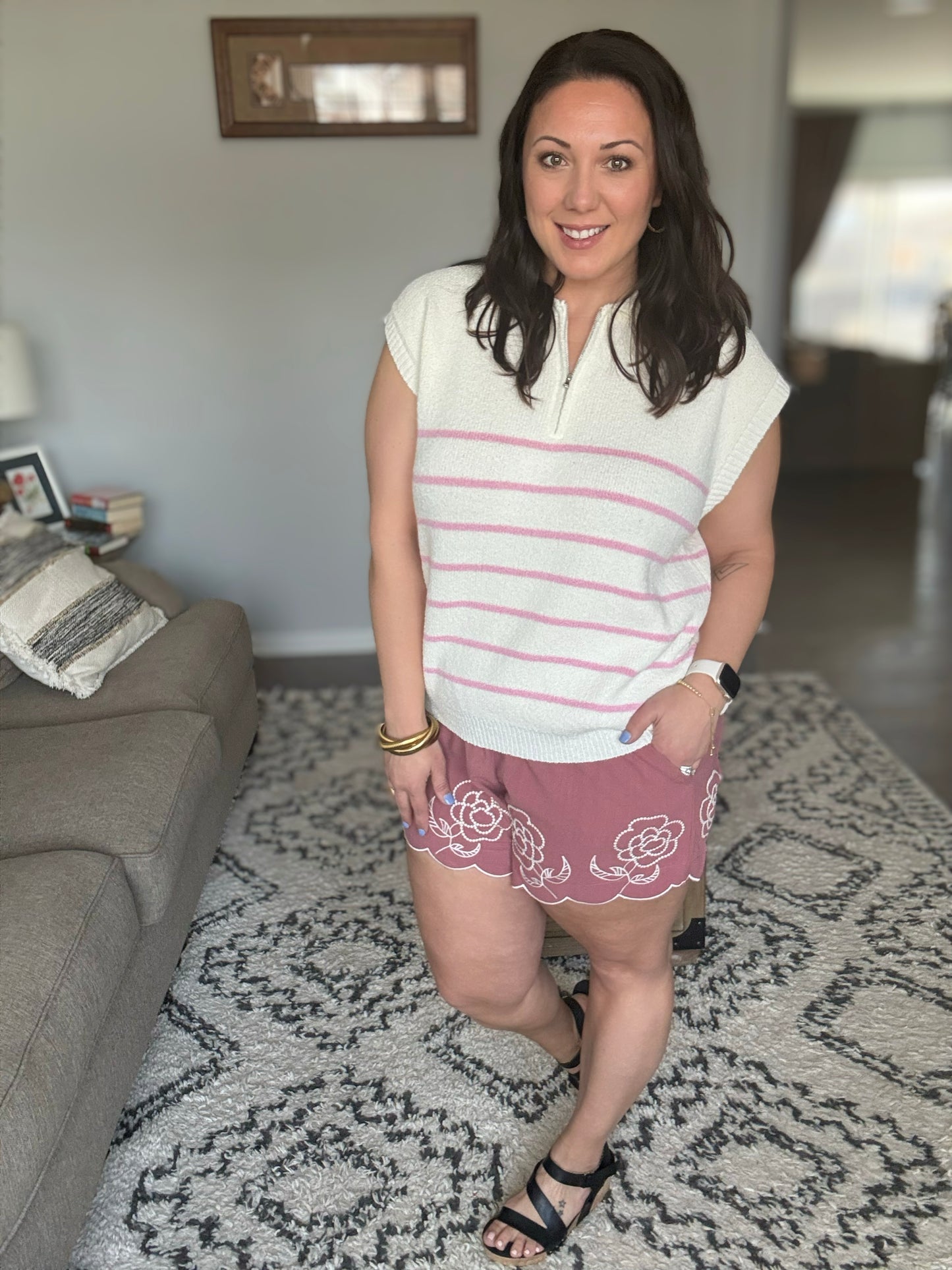 She + Sky Striped Quarter Zip Sweater Vest in Pink