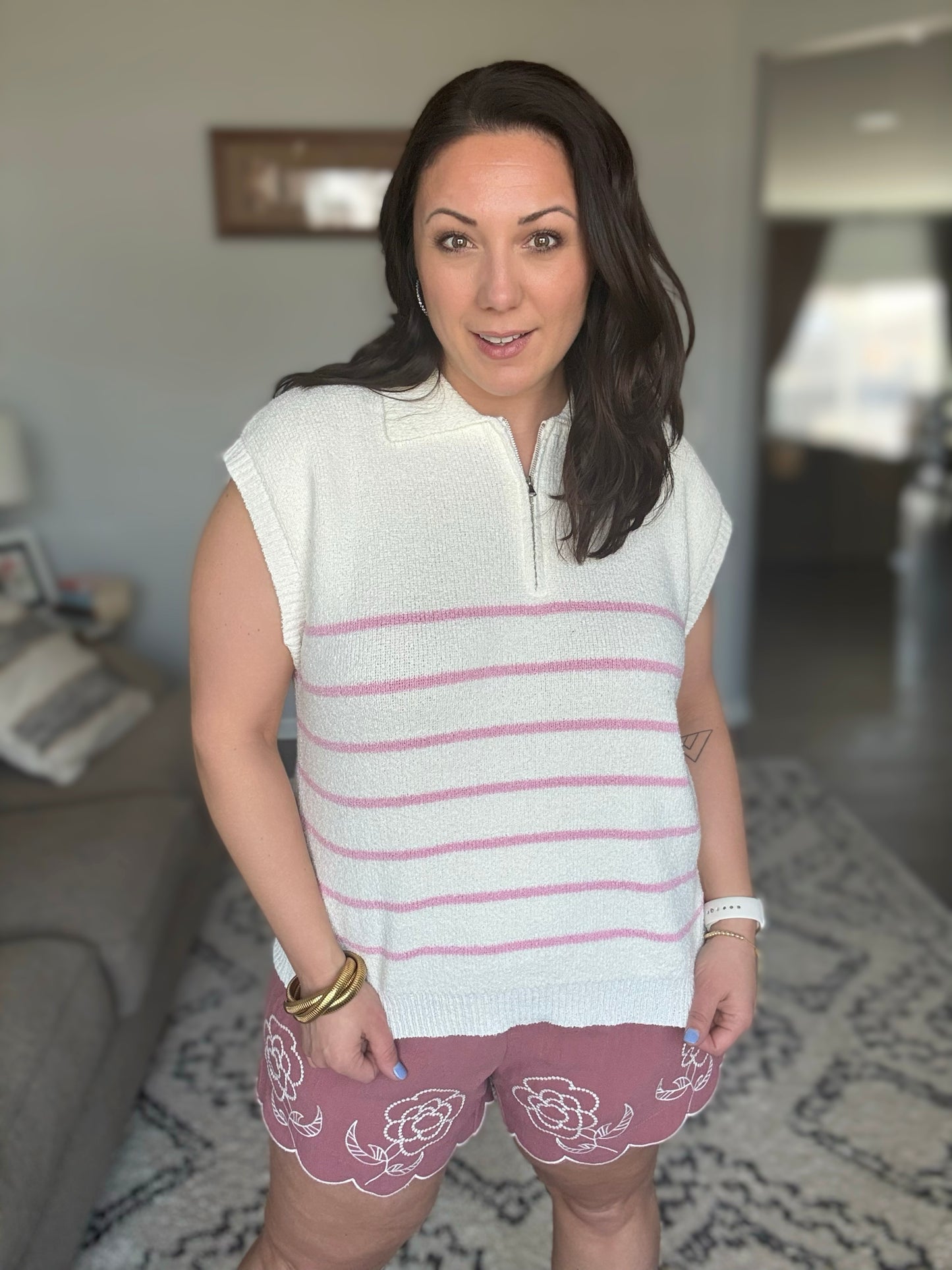 She + Sky Striped Quarter Zip Sweater Vest in Pink