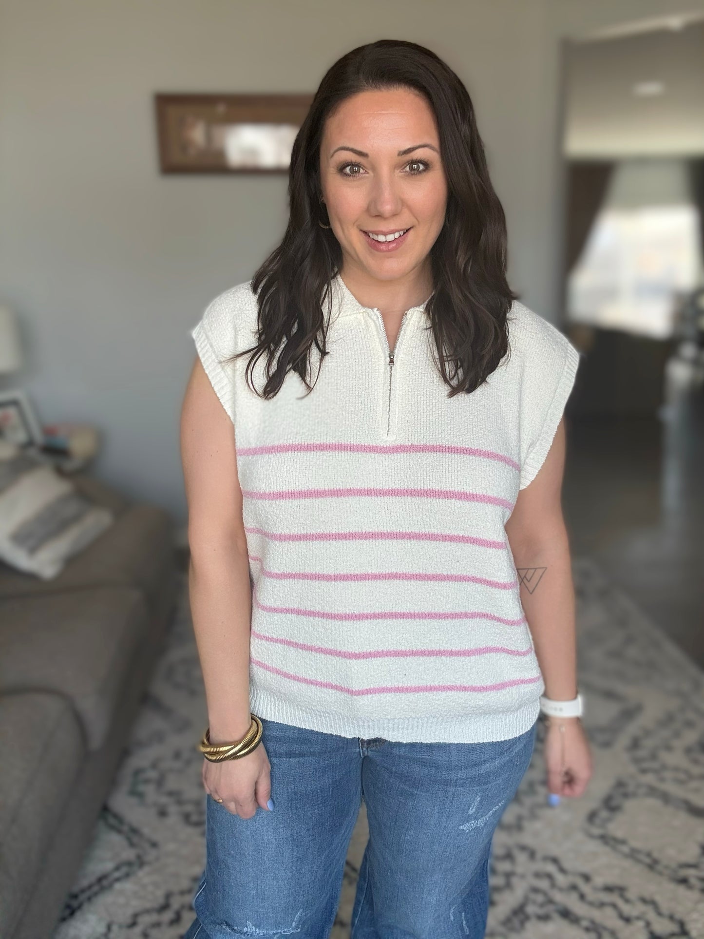 She + Sky Striped Quarter Zip Sweater Vest in Pink