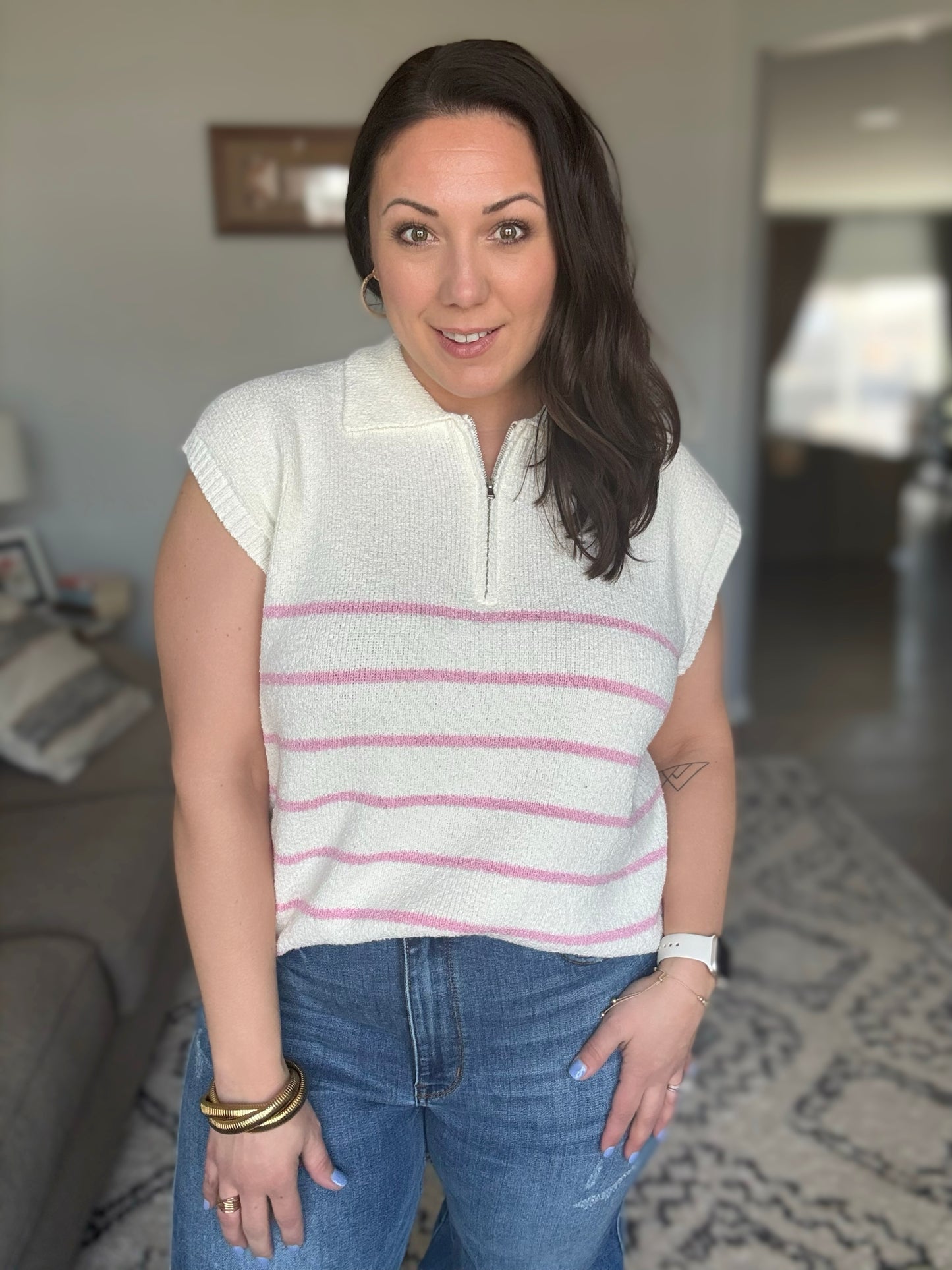 She + Sky Striped Quarter Zip Sweater Vest in Pink
